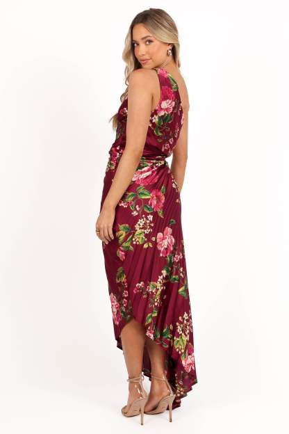 Kleo One Shoulder Maxi Dress - Burgundy Floral-Sunny Prom