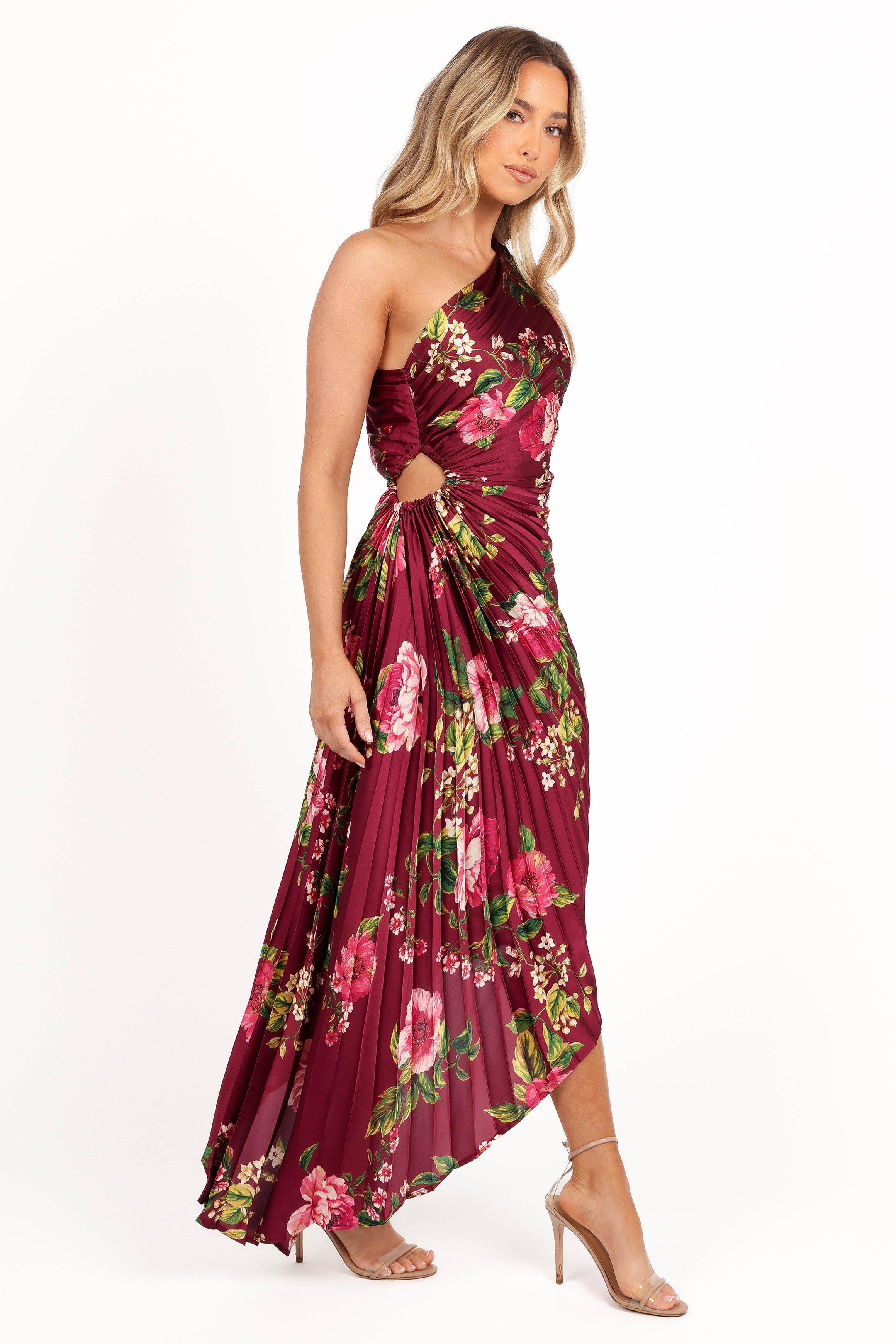 Kleo One Shoulder Maxi Dress - Burgundy Floral-Sunny Prom