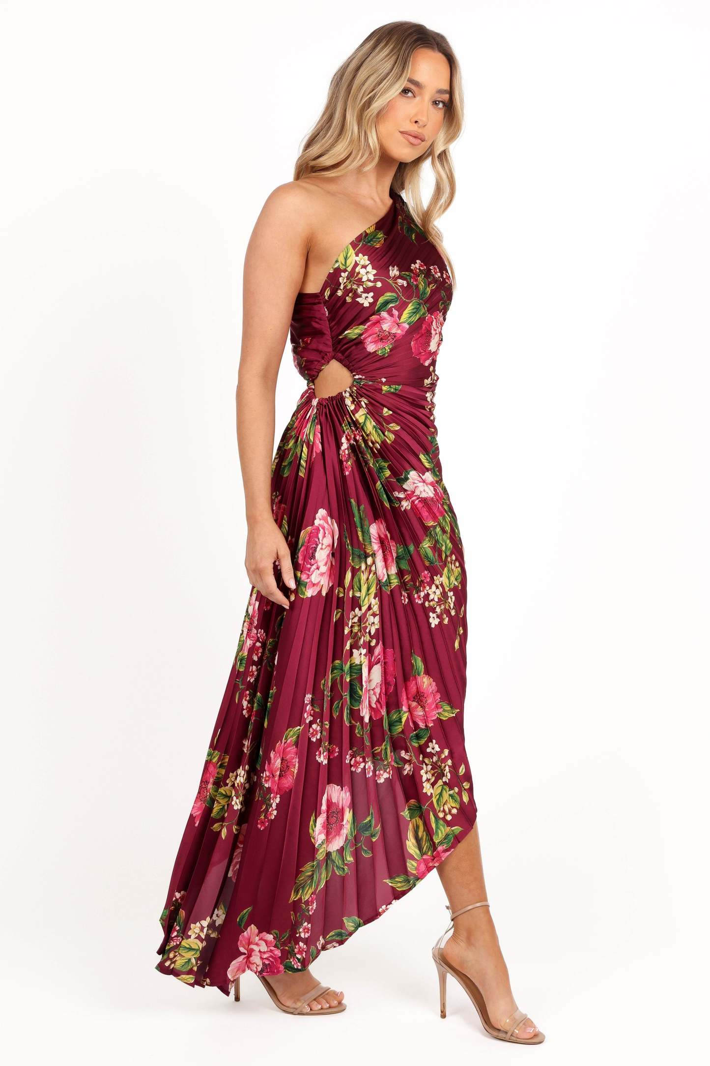 Kleo One Shoulder Maxi Dress - Burgundy Floral-Sunny Prom