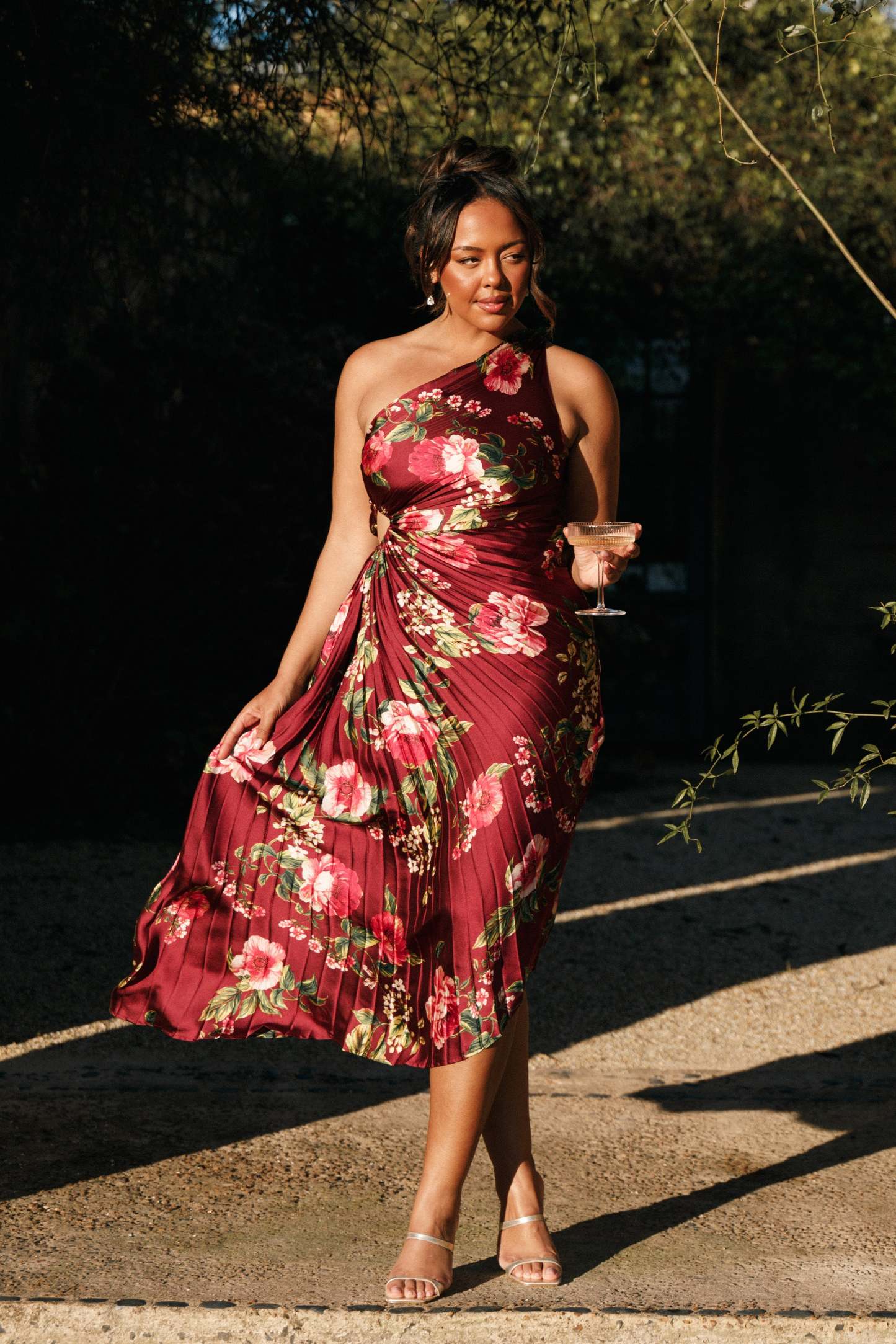Kleo One Shoulder Maxi Dress - Burgundy Floral-Sunny Prom