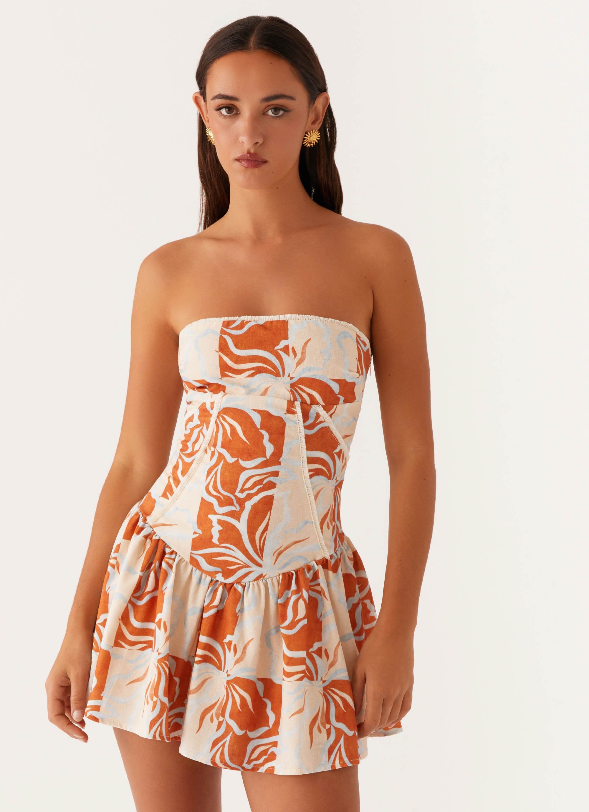 Larnie Linen Mini Dress - Orange Blue Floral-Sunny Prom. All rights reserved.