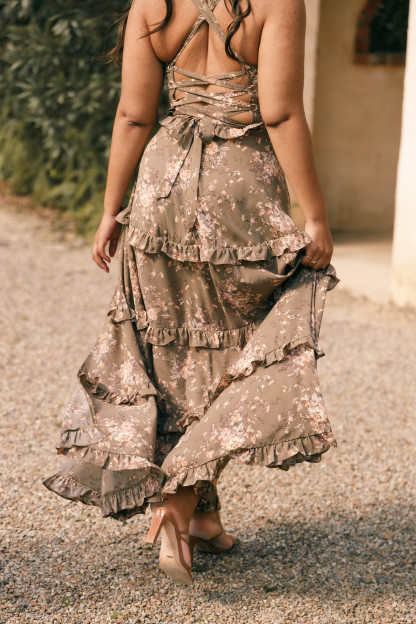Lillee Tiered Maxi Dress - Olive Print-Sunny Prom