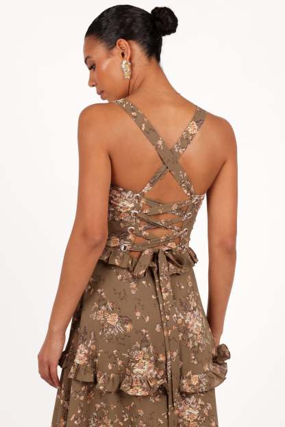 Lillee Tiered Maxi Dress - Olive Print-Sunny Prom