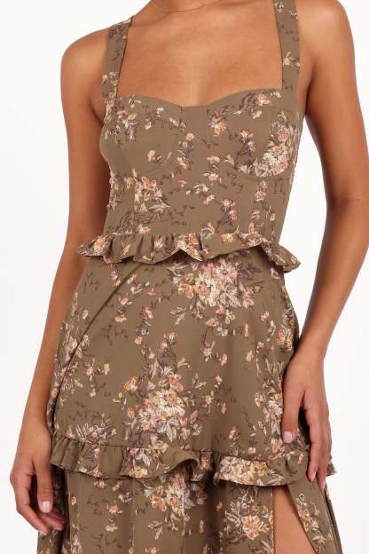 Lillee Tiered Maxi Dress - Olive Print-Sunny Prom