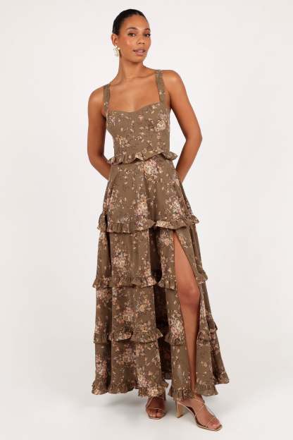 Lillee Tiered Maxi Dress - Olive Print-Sunny Prom