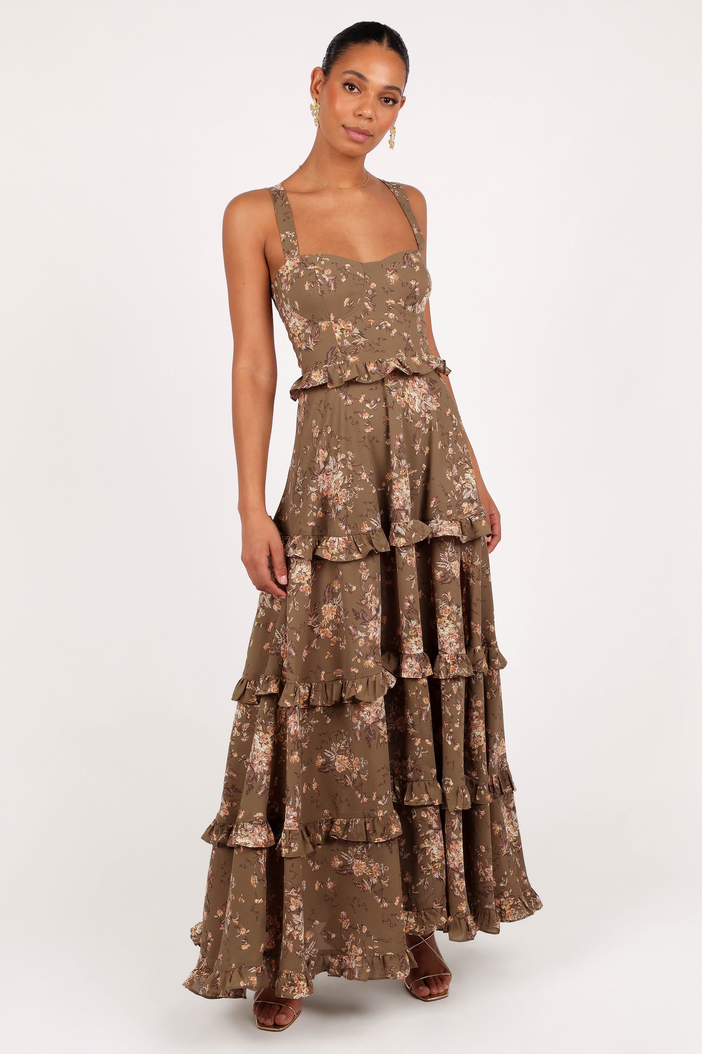 Lillee Tiered Maxi Dress - Olive Print-Sunny Prom