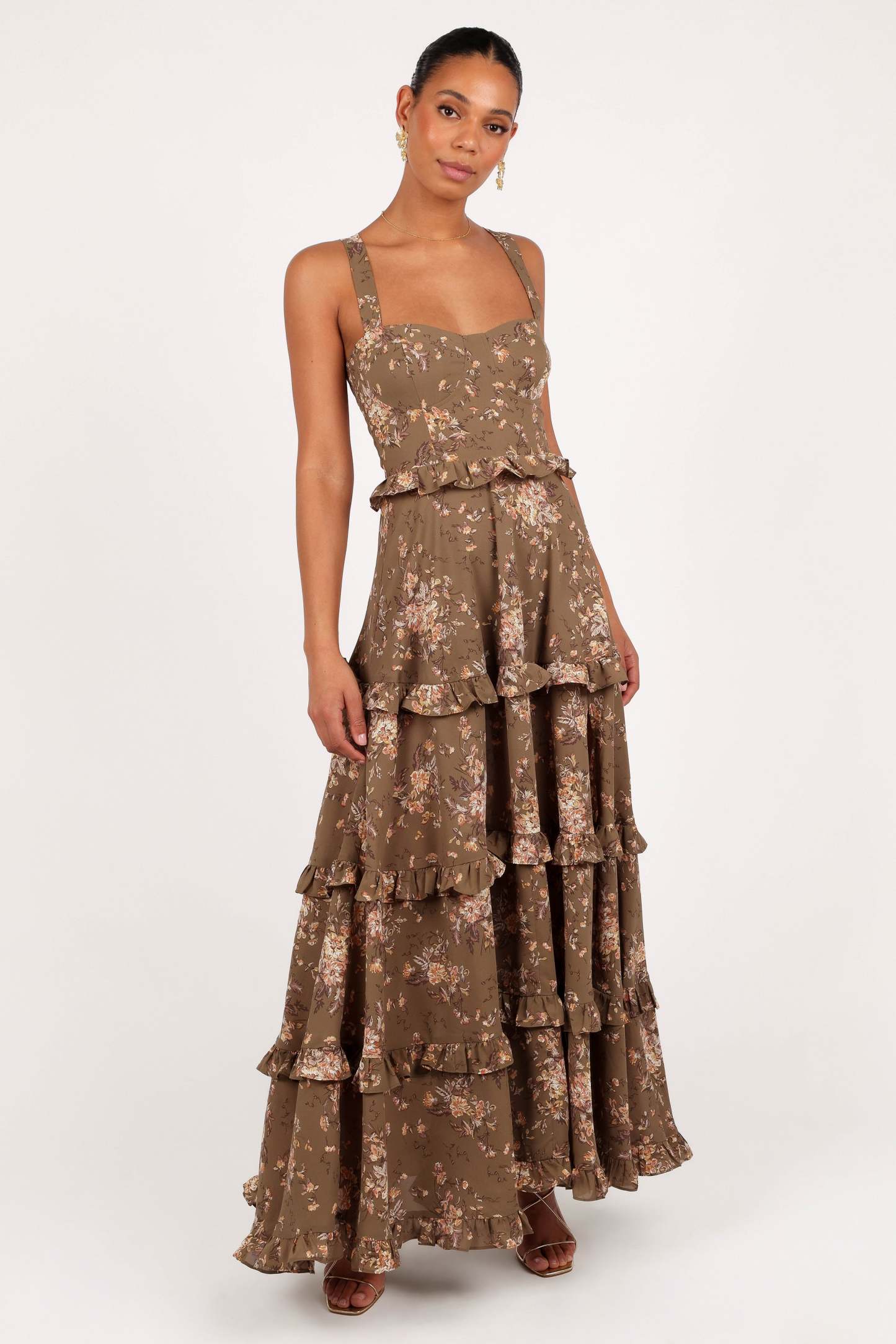 Lillee Tiered Maxi Dress - Olive Print-Sunny Prom