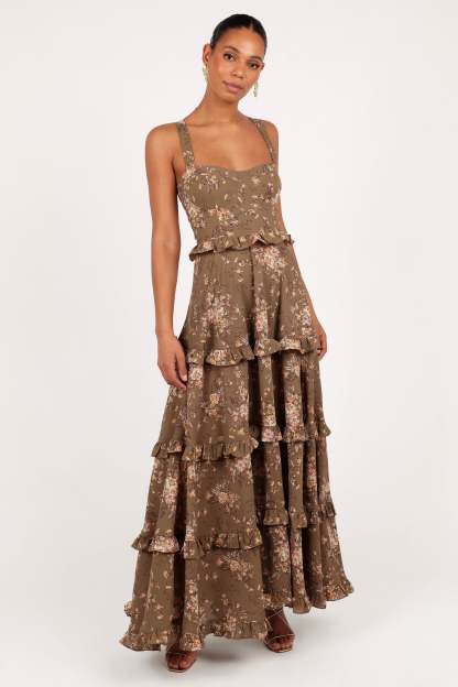 Lillee Tiered Maxi Dress - Olive Print-Sunny Prom