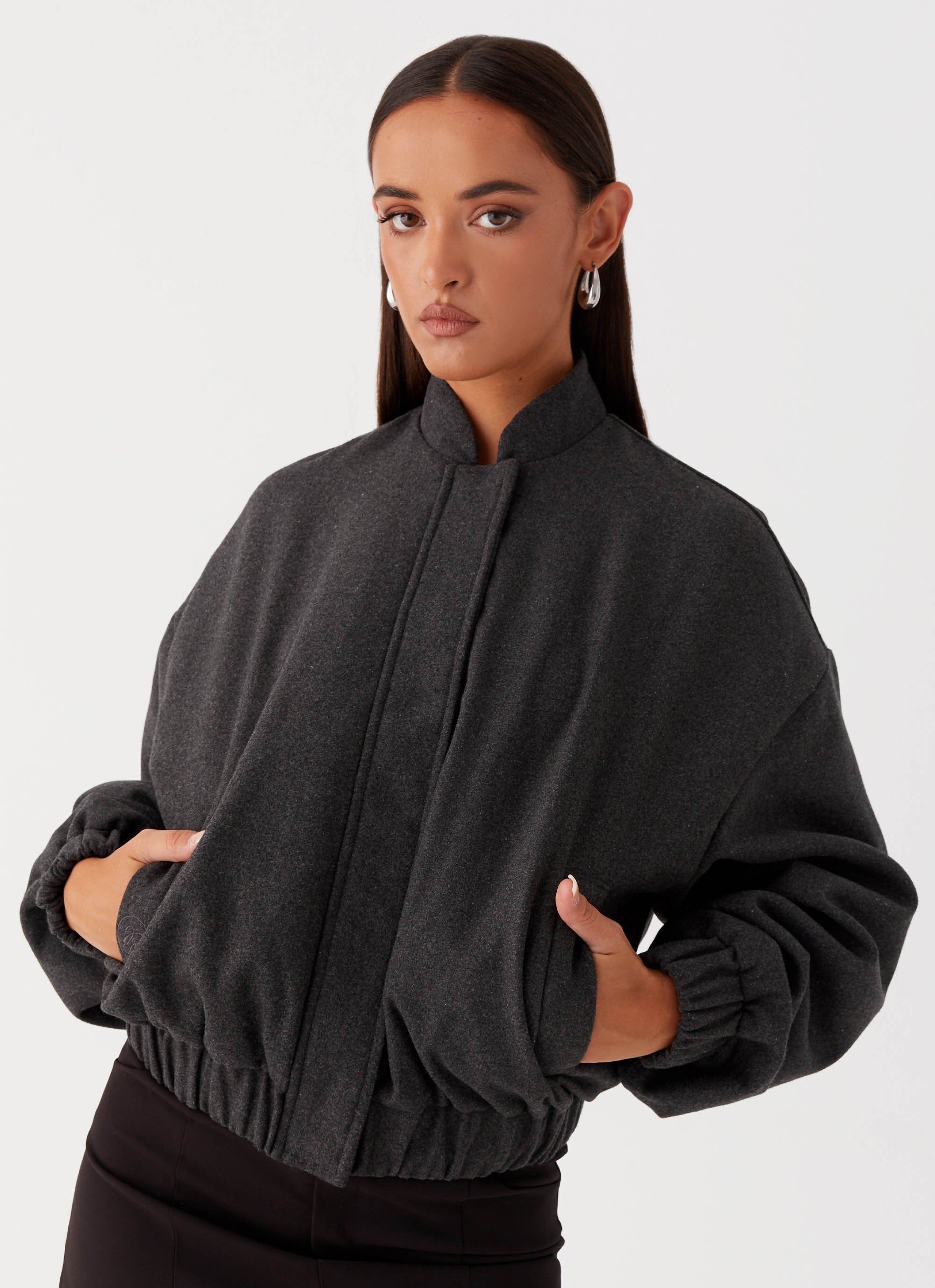 Lorelei Oversized Bomber Jacket - Charcoal-Sunny Prom. All rights reserved.