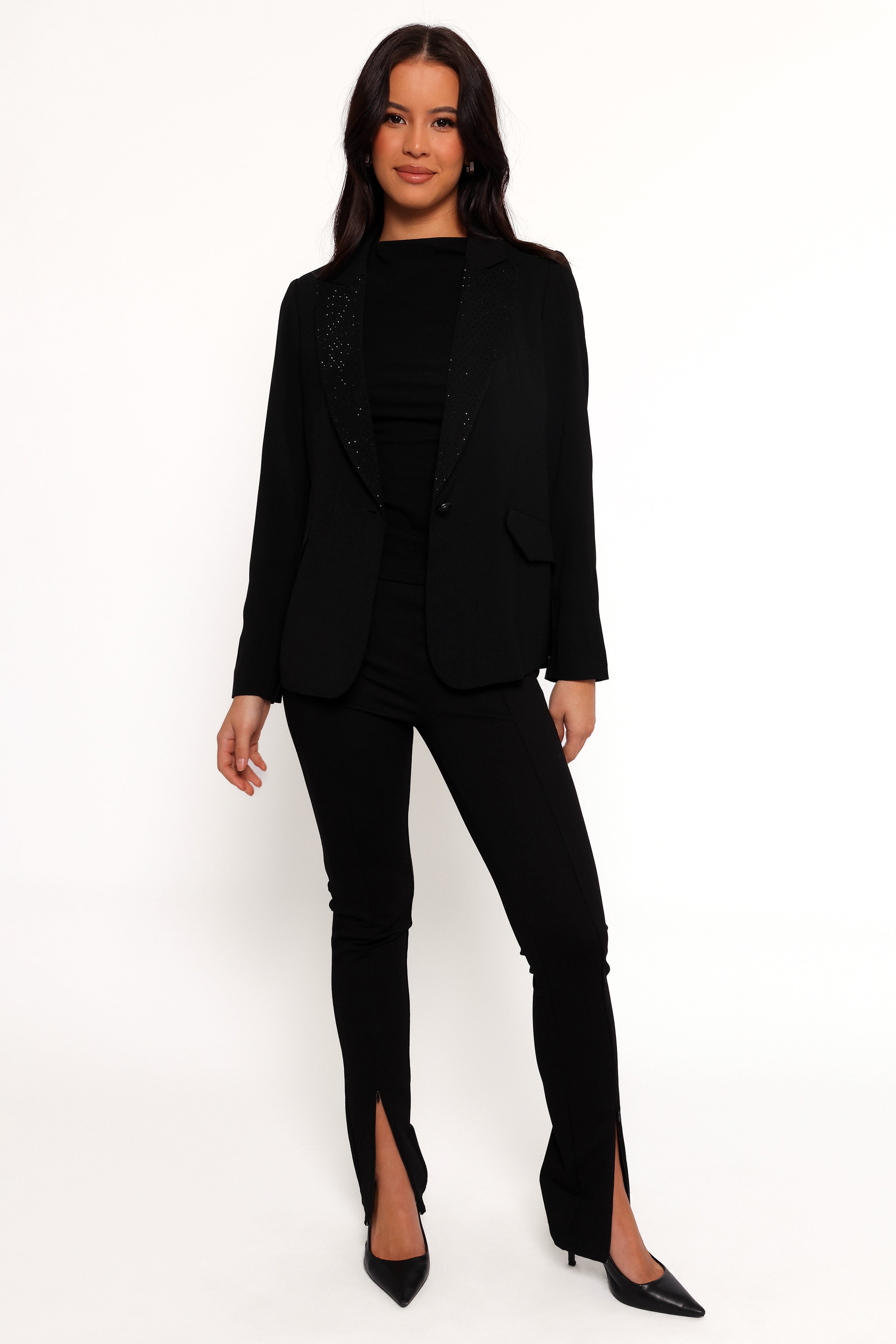 Luda Rhinestone Collar Single Button Blazer - Black-Sunny Prom