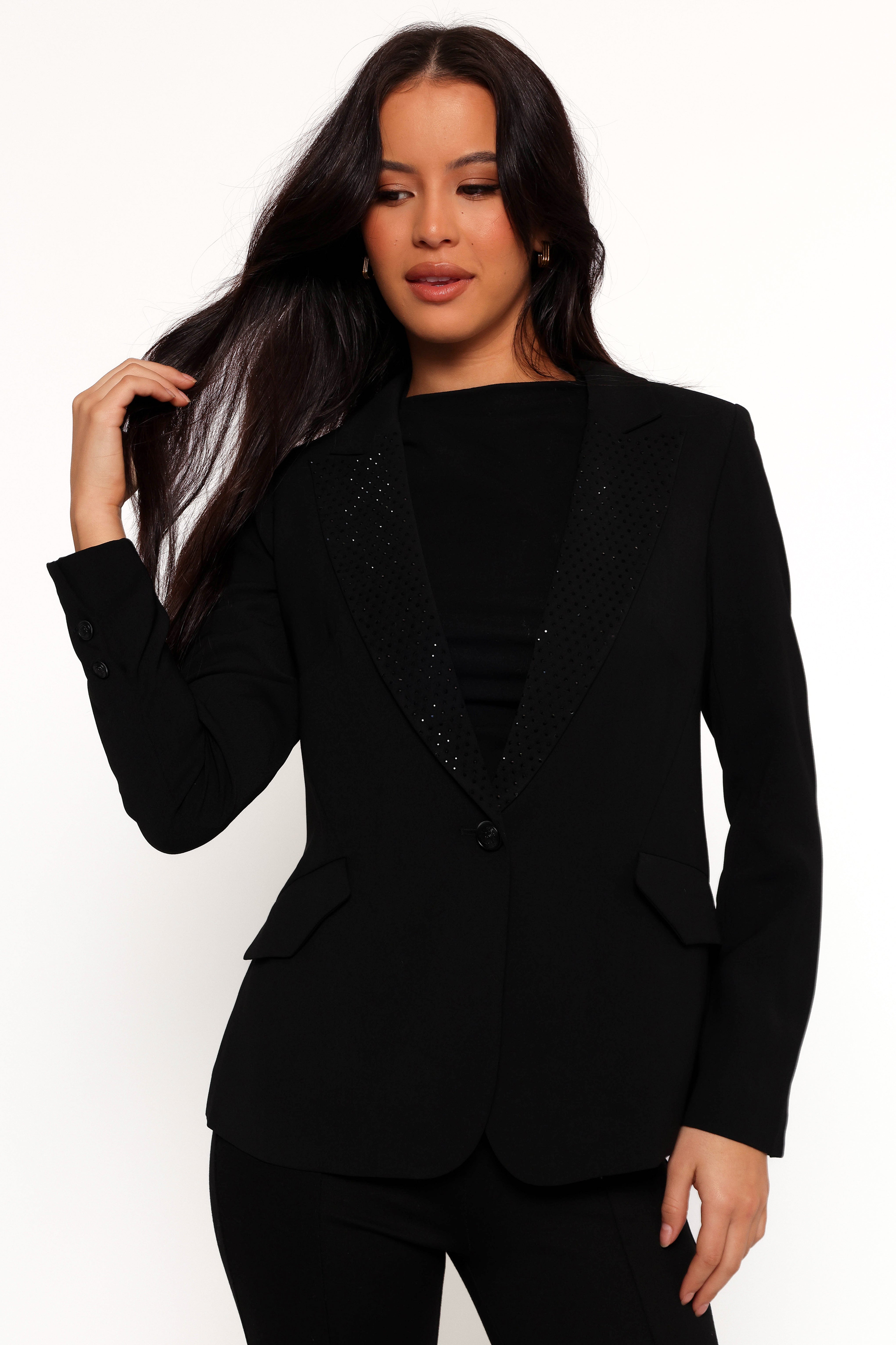 Luda Rhinestone Collar Single Button Blazer - Black-Sunny Prom