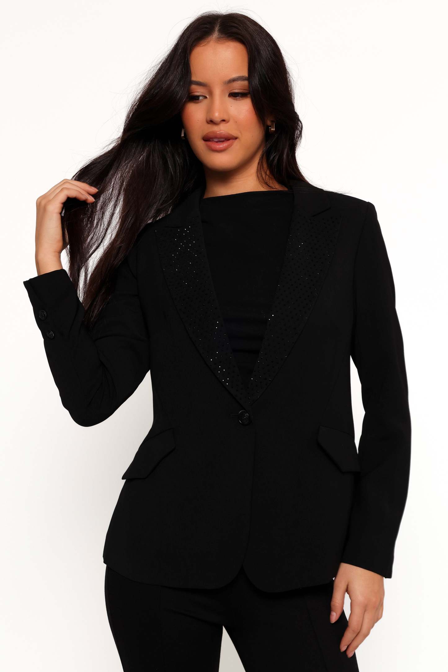 Luda Rhinestone Collar Single Button Blazer - Black-Sunny Prom