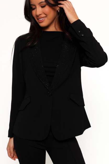 Luda Rhinestone Collar Single Button Blazer - Black-Sunny Prom