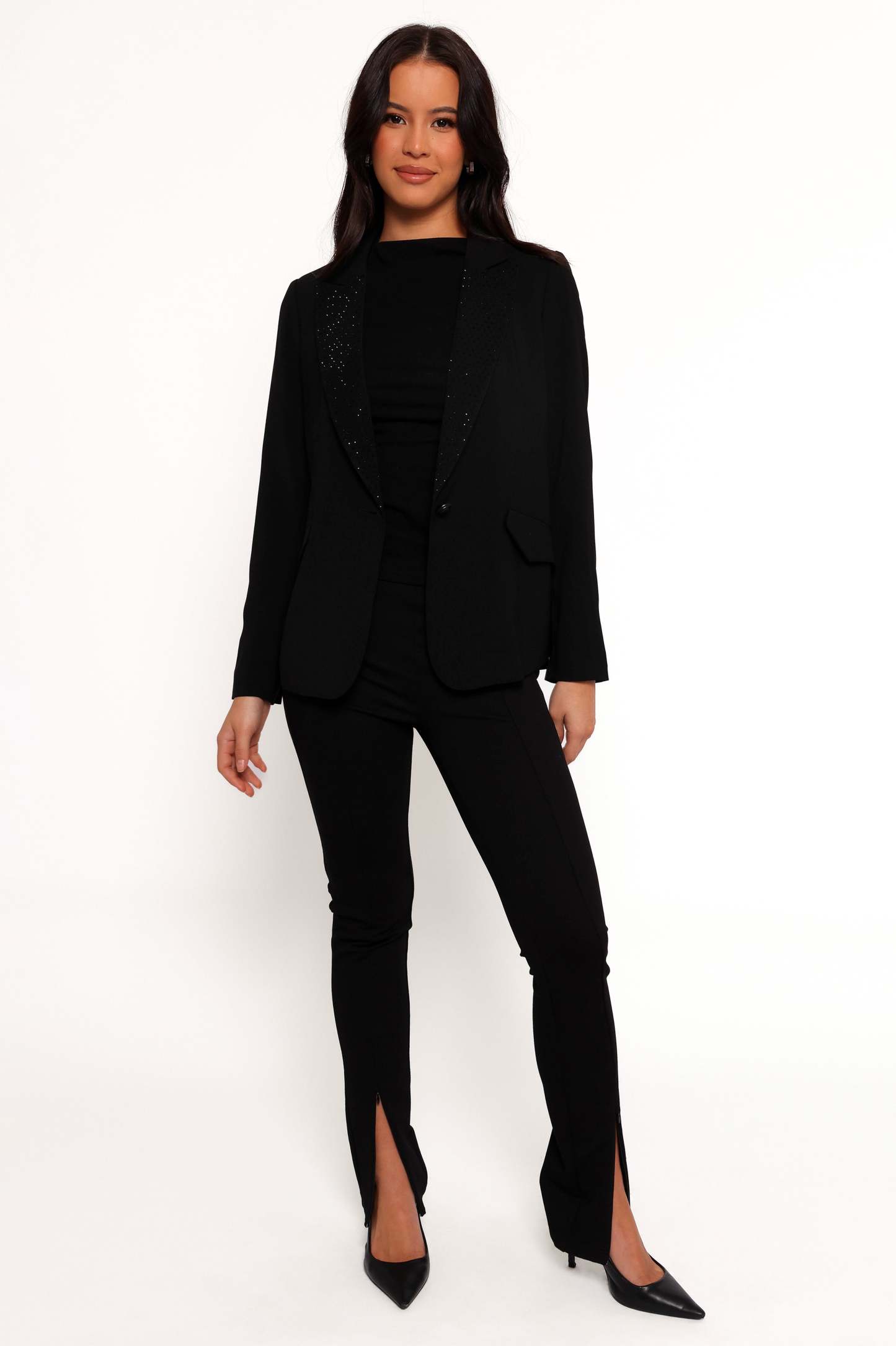 Luda Rhinestone Collar Single Button Blazer - Black-Sunny Prom
