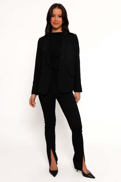 Luda Rhinestone Collar Single Button Blazer - Black-Sunny Prom