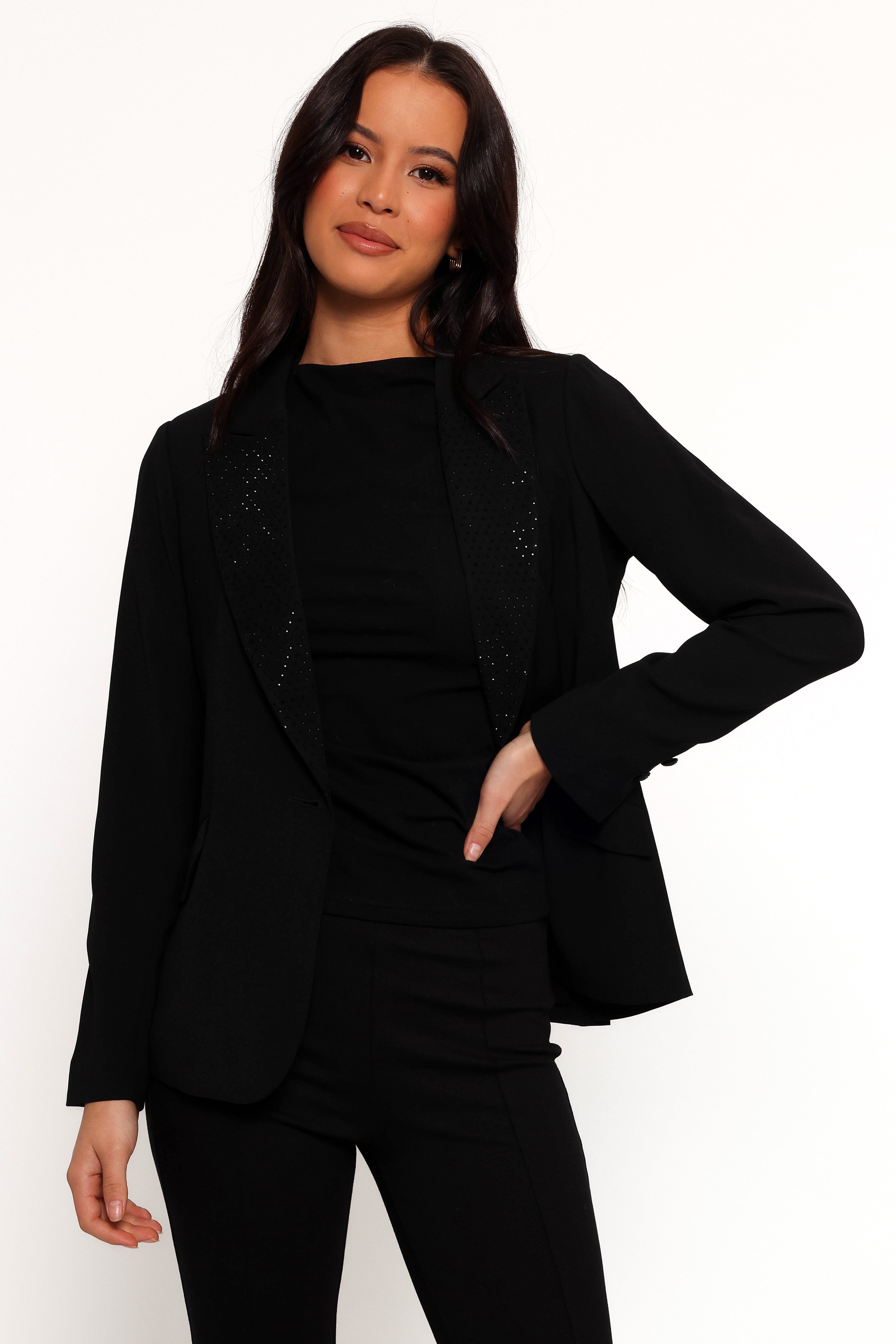 Luda Rhinestone Collar Single Button Blazer - Black-Sunny Prom