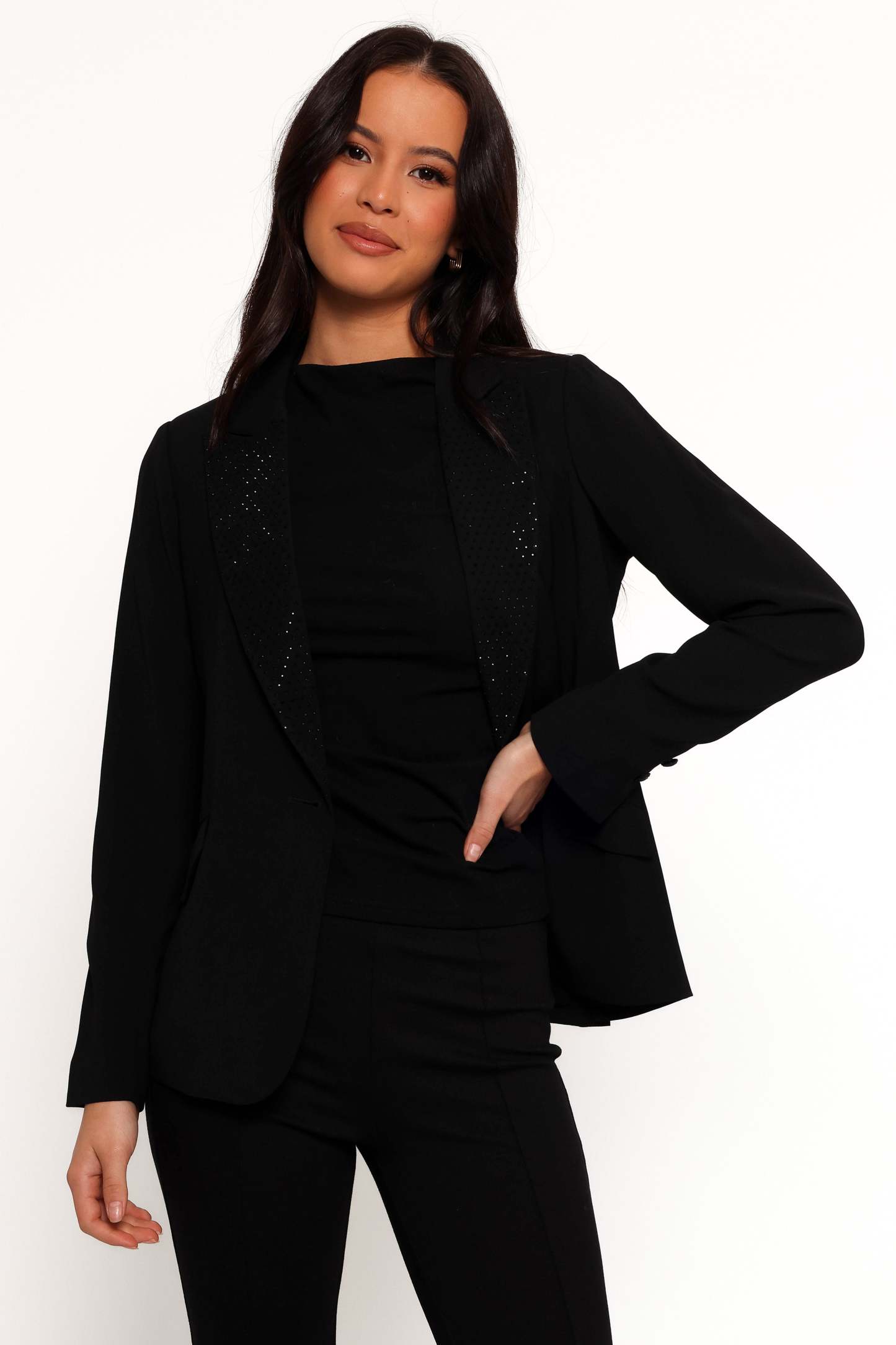 Luda Rhinestone Collar Single Button Blazer - Black-Sunny Prom