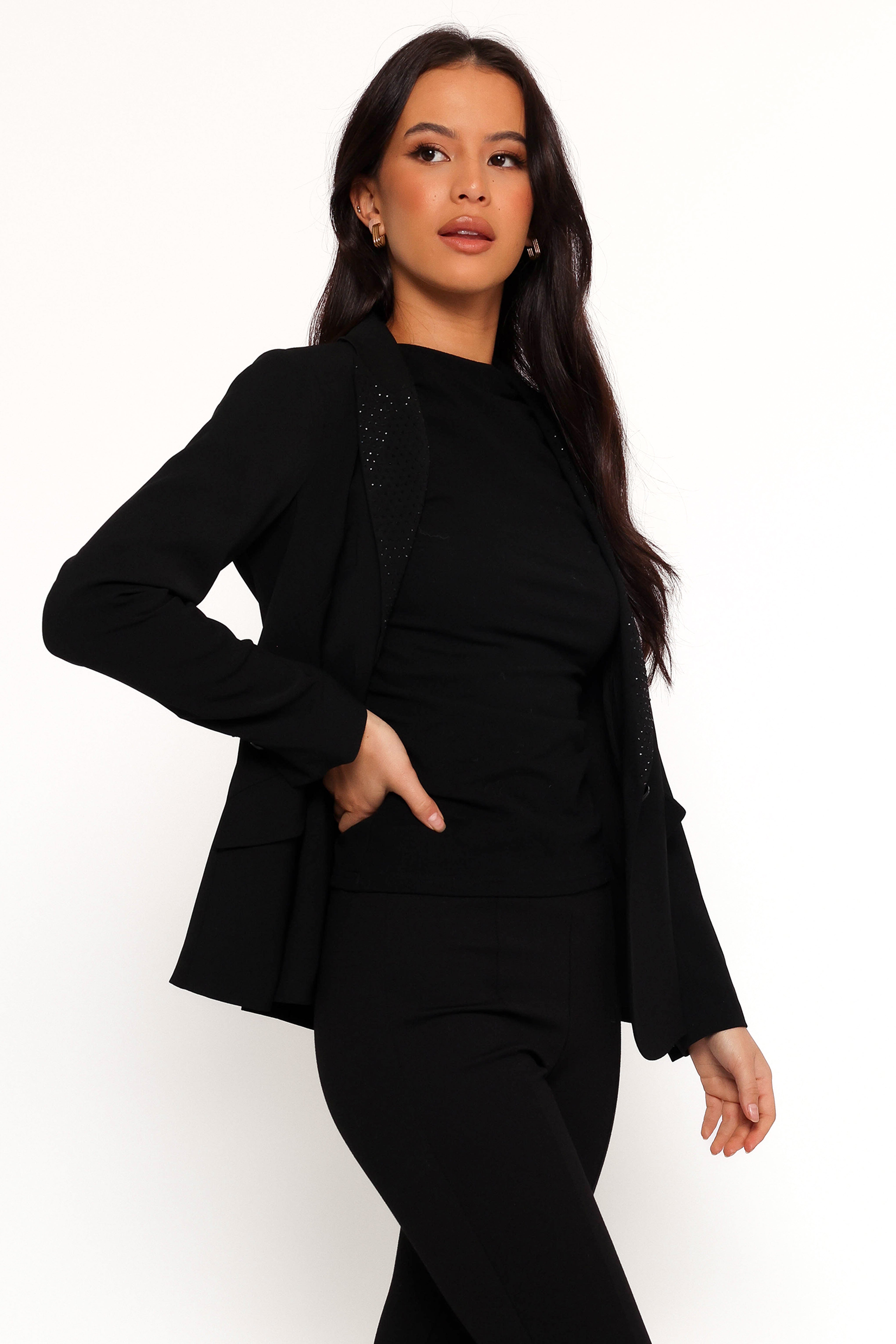 Luda Rhinestone Collar Single Button Blazer - Black-Sunny Prom