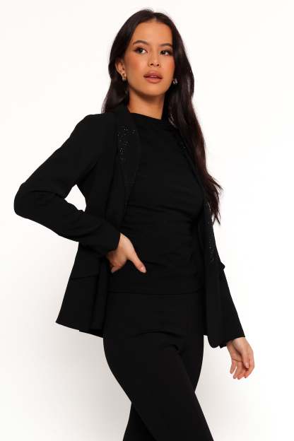 Luda Rhinestone Collar Single Button Blazer - Black-Sunny Prom
