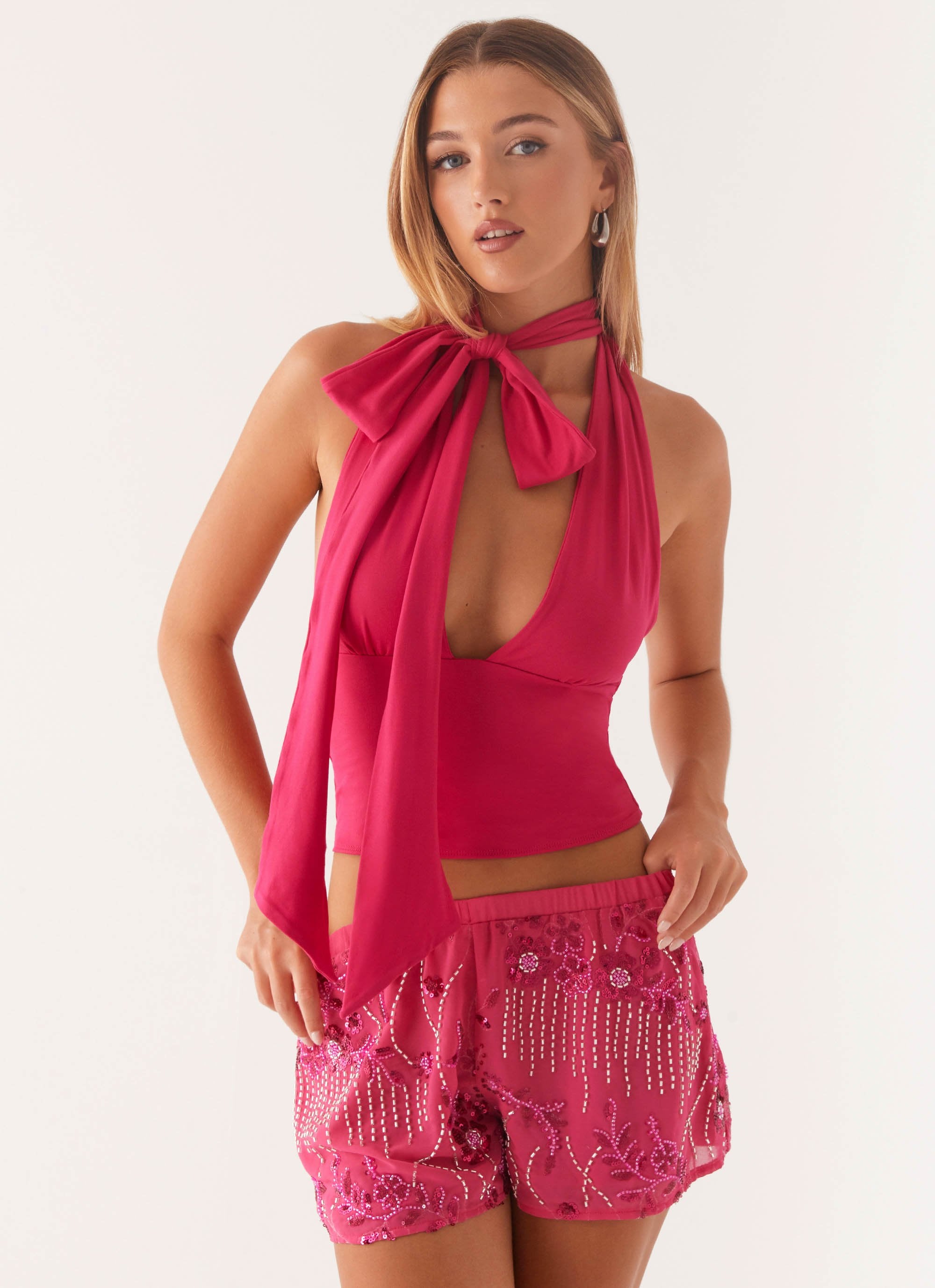 Mercer Sequin Mini Shorts - Fuchsia-Sunny Prom. All rights reserved.