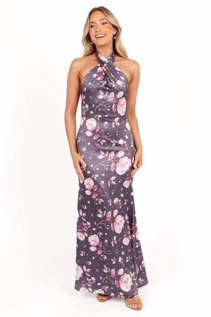 Mila Halterneck Maxi Dress - Steel Gray Floral-Sunny Prom