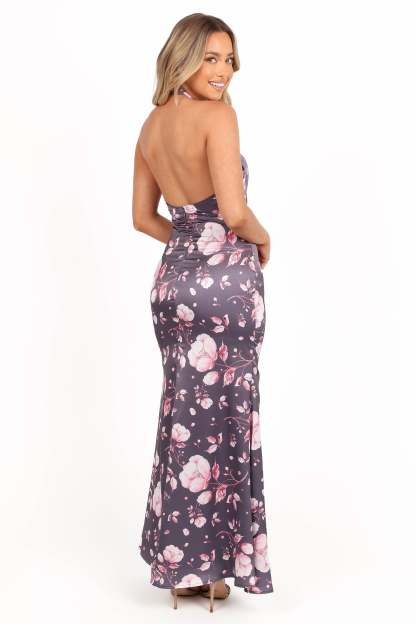 Mila Halterneck Maxi Dress - Steel Gray Floral-Sunny Prom