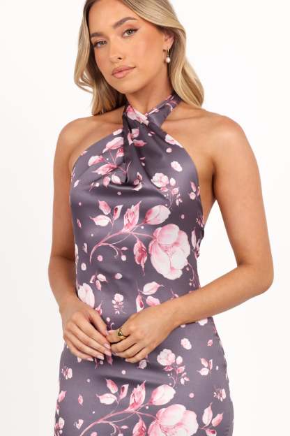 Mila Halterneck Maxi Dress - Steel Gray Floral-Sunny Prom
