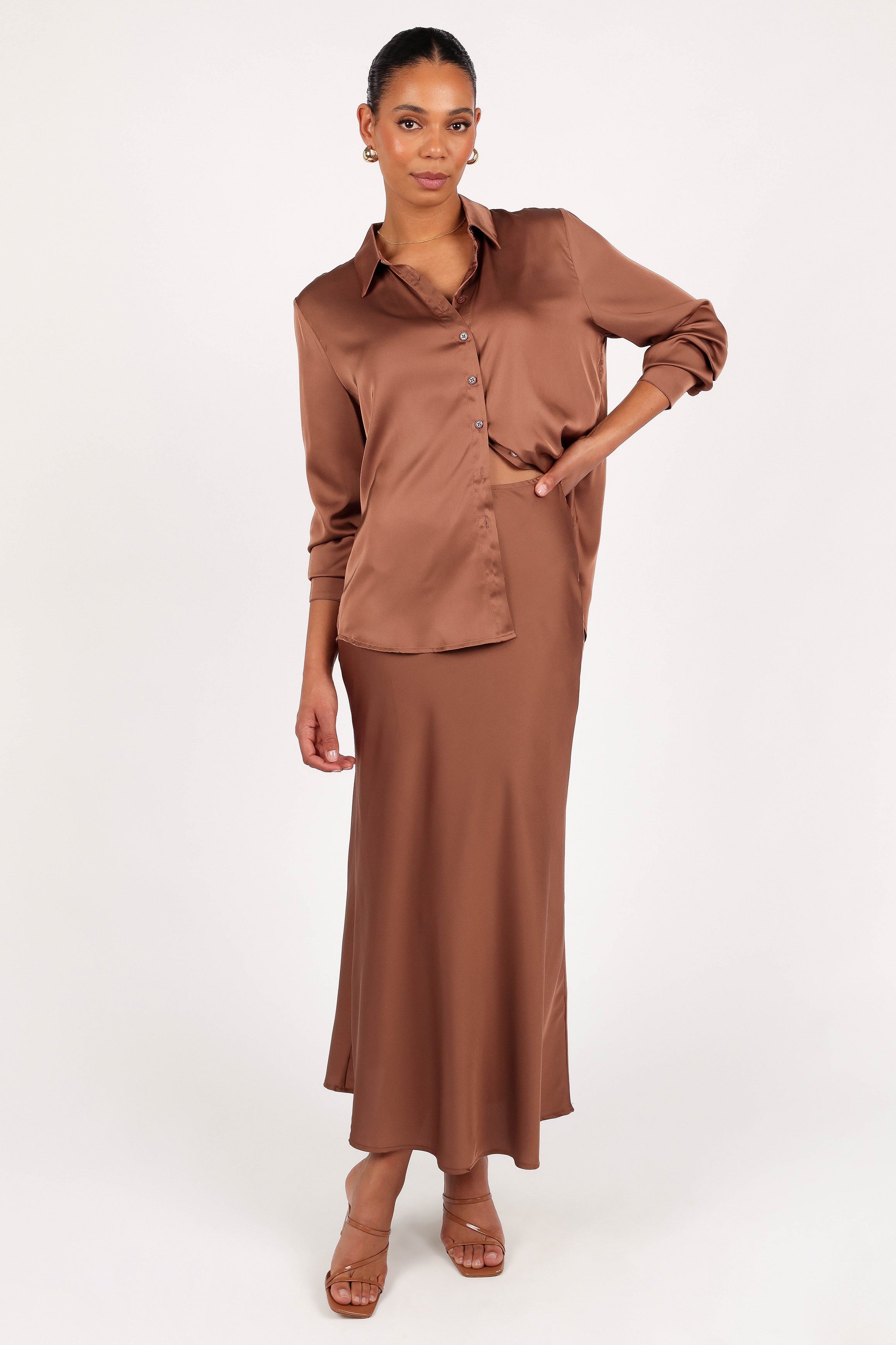 Narissa Satin Shirt - Banksia Brown-Sunny Prom