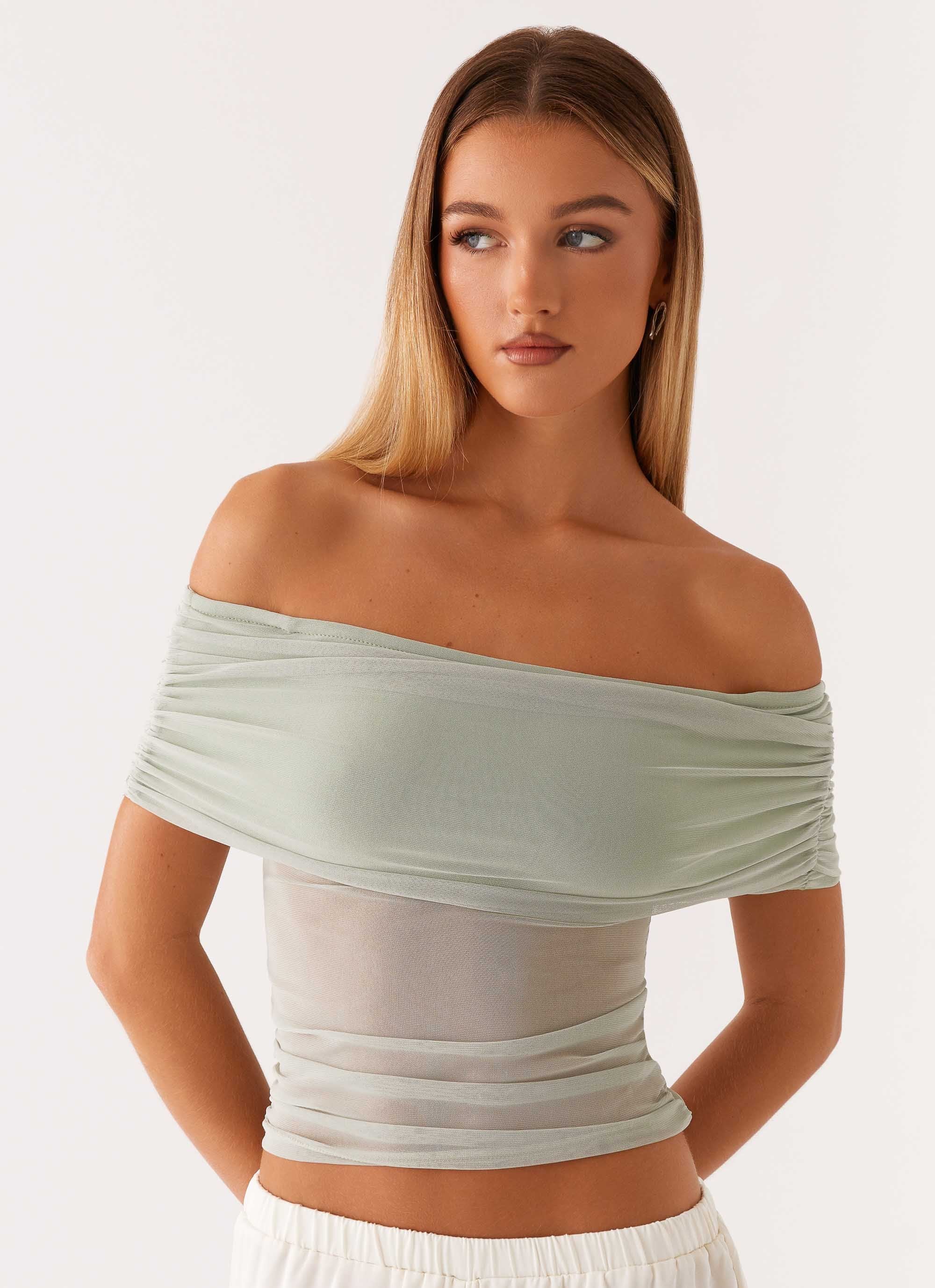 Nelly Off Shoulder Top - Pistachio-Sunny Prom. All rights reserved.