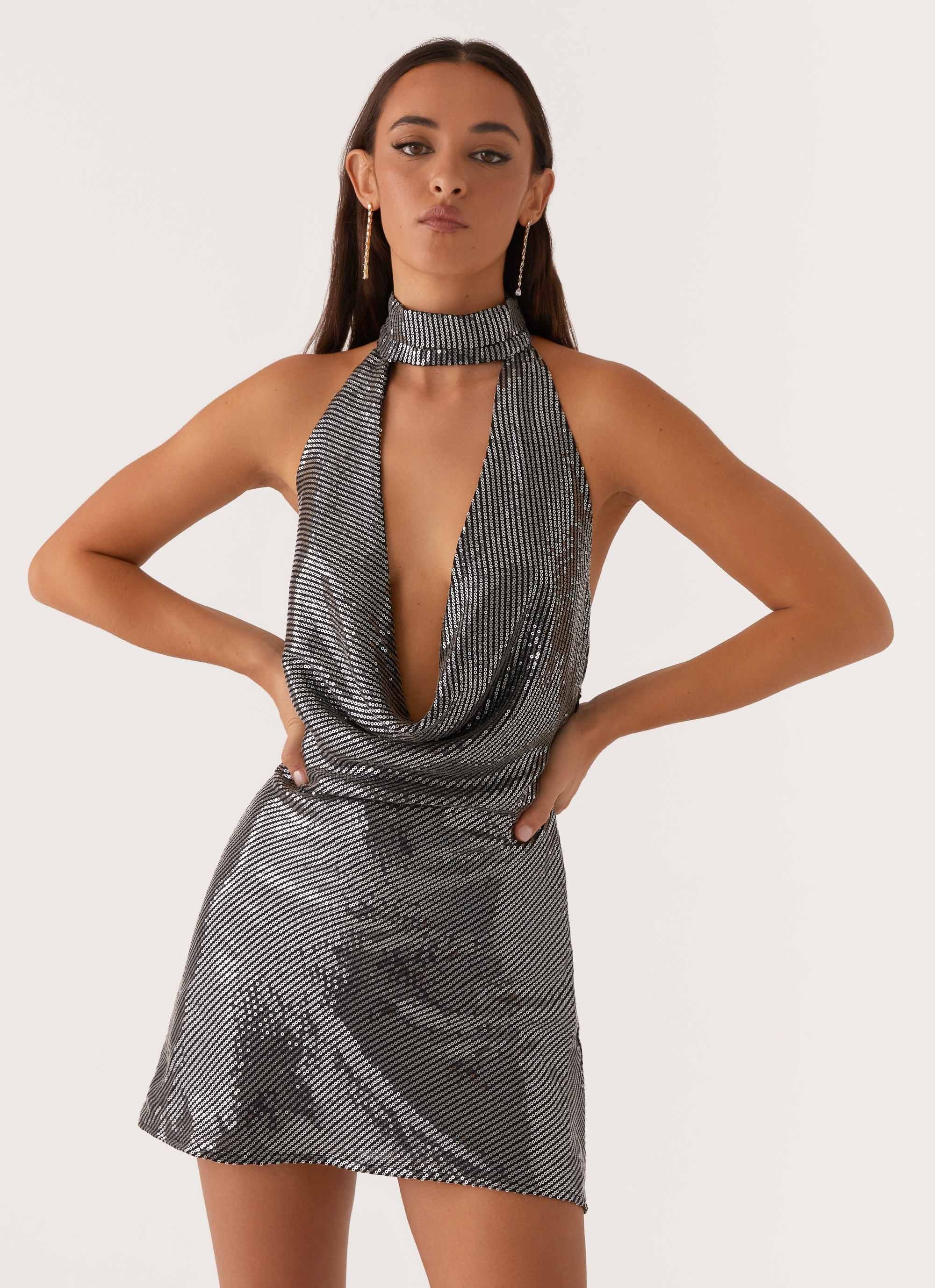 Nora Sequin Cowl Neck Mini Dress - Black-Sunny Prom. All rights reserved.