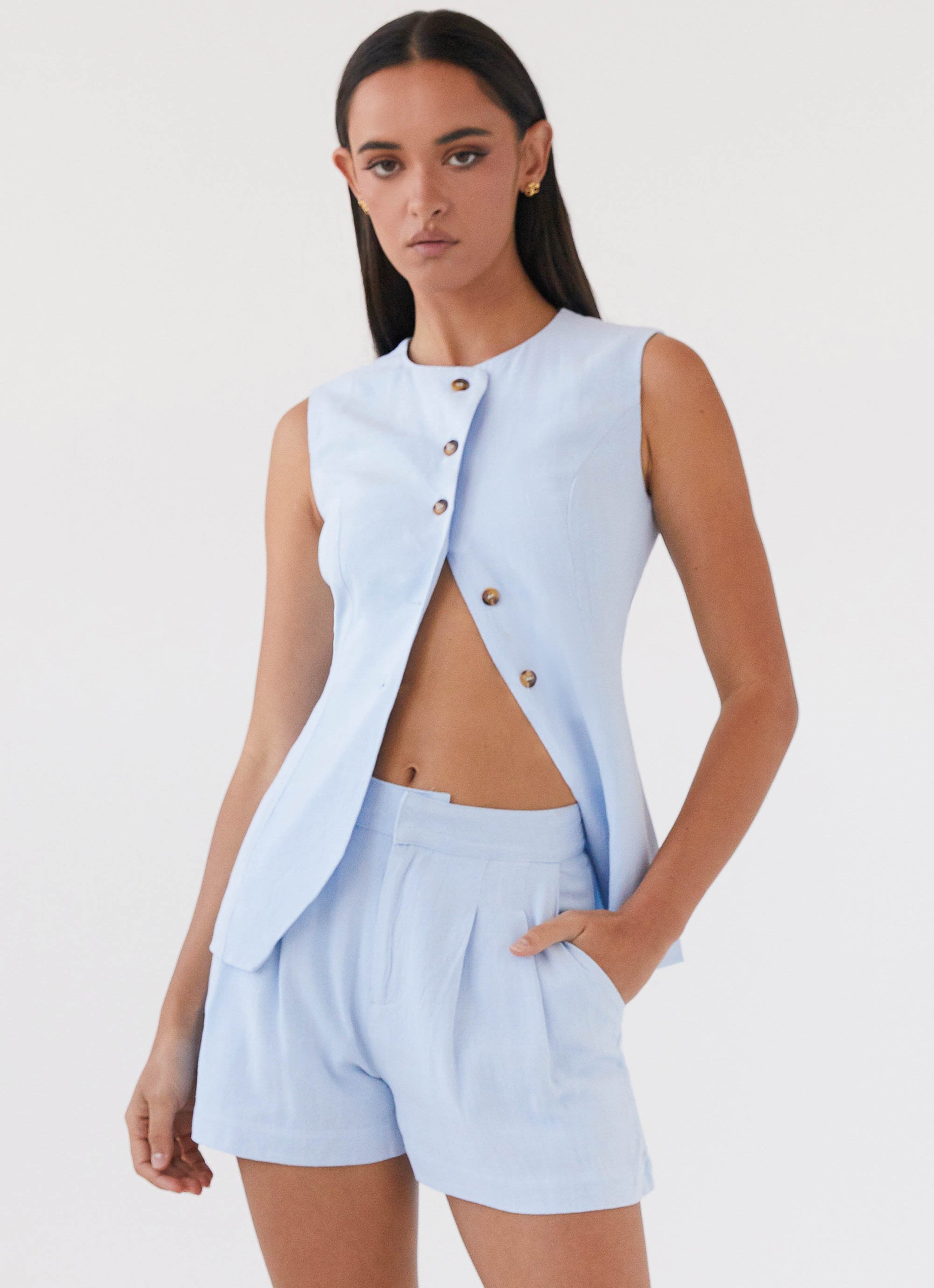 Born For Bordeaux Linen Shorts - Blue-Sunny Prom. All rights reserved.