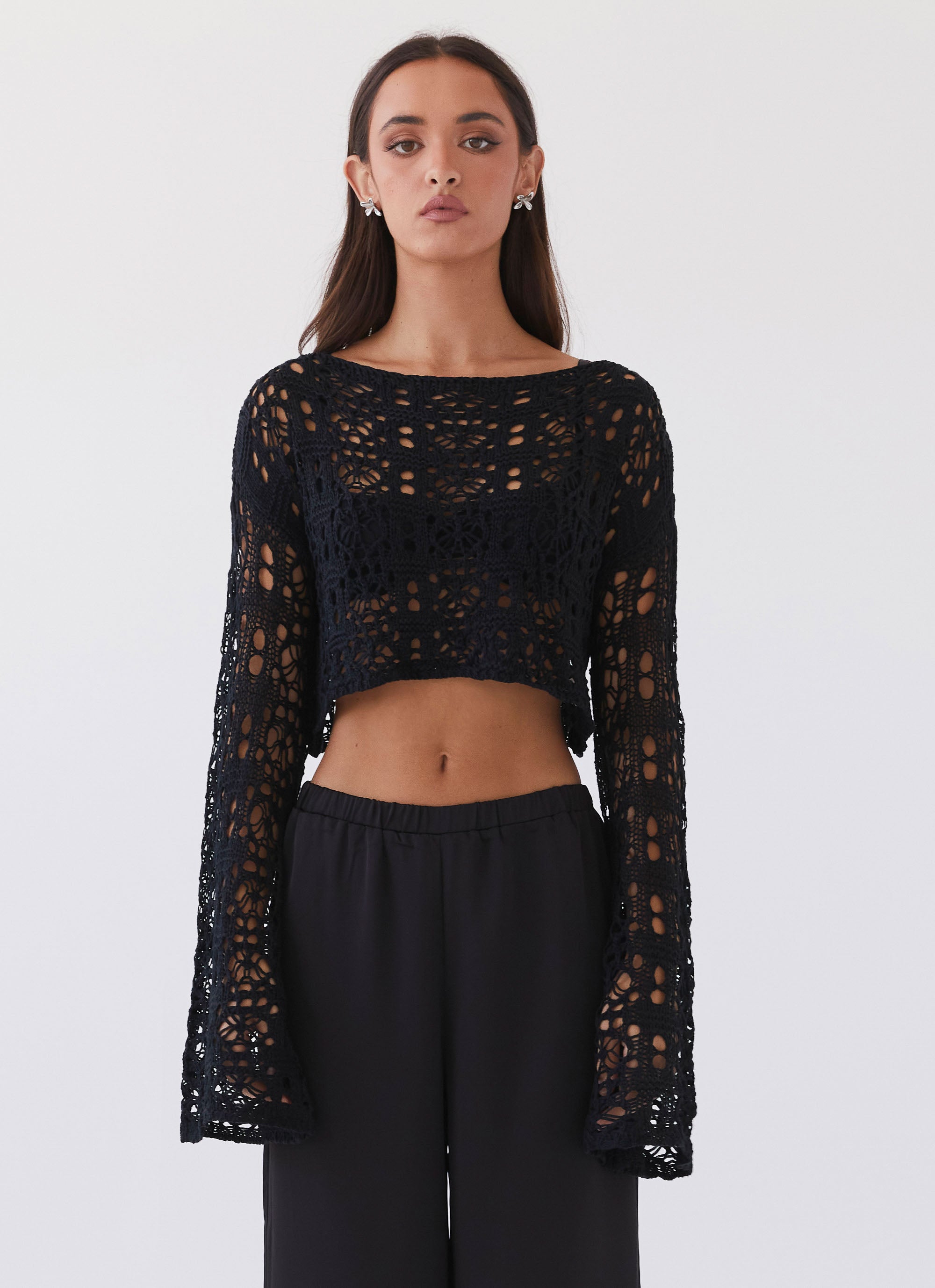 Free Mind Crochet Long Sleeve Top - Black-Sunny Prom. All rights reserved.