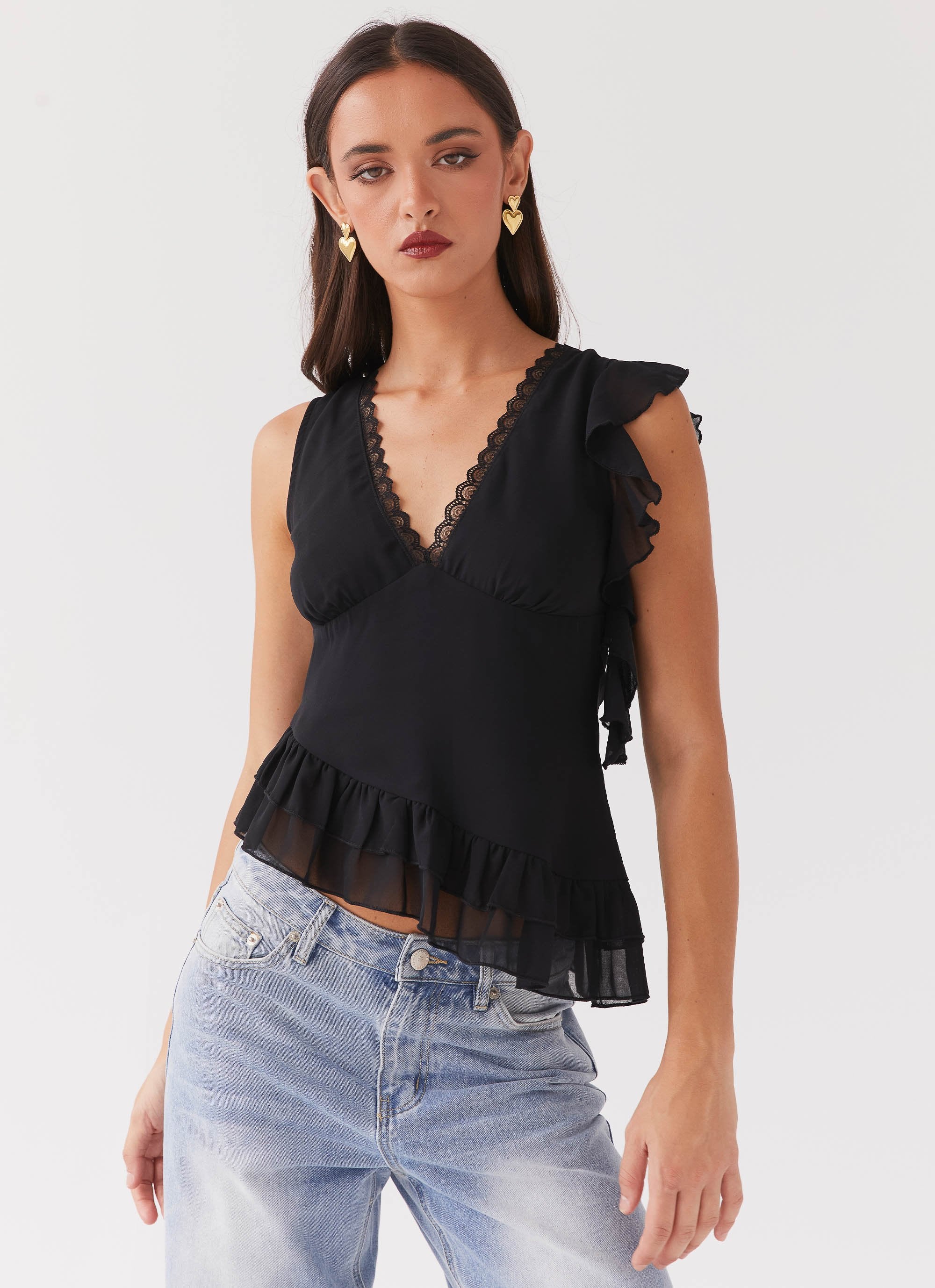 Empress Frill Trim Top - Black-Sunny Prom. All rights reserved.