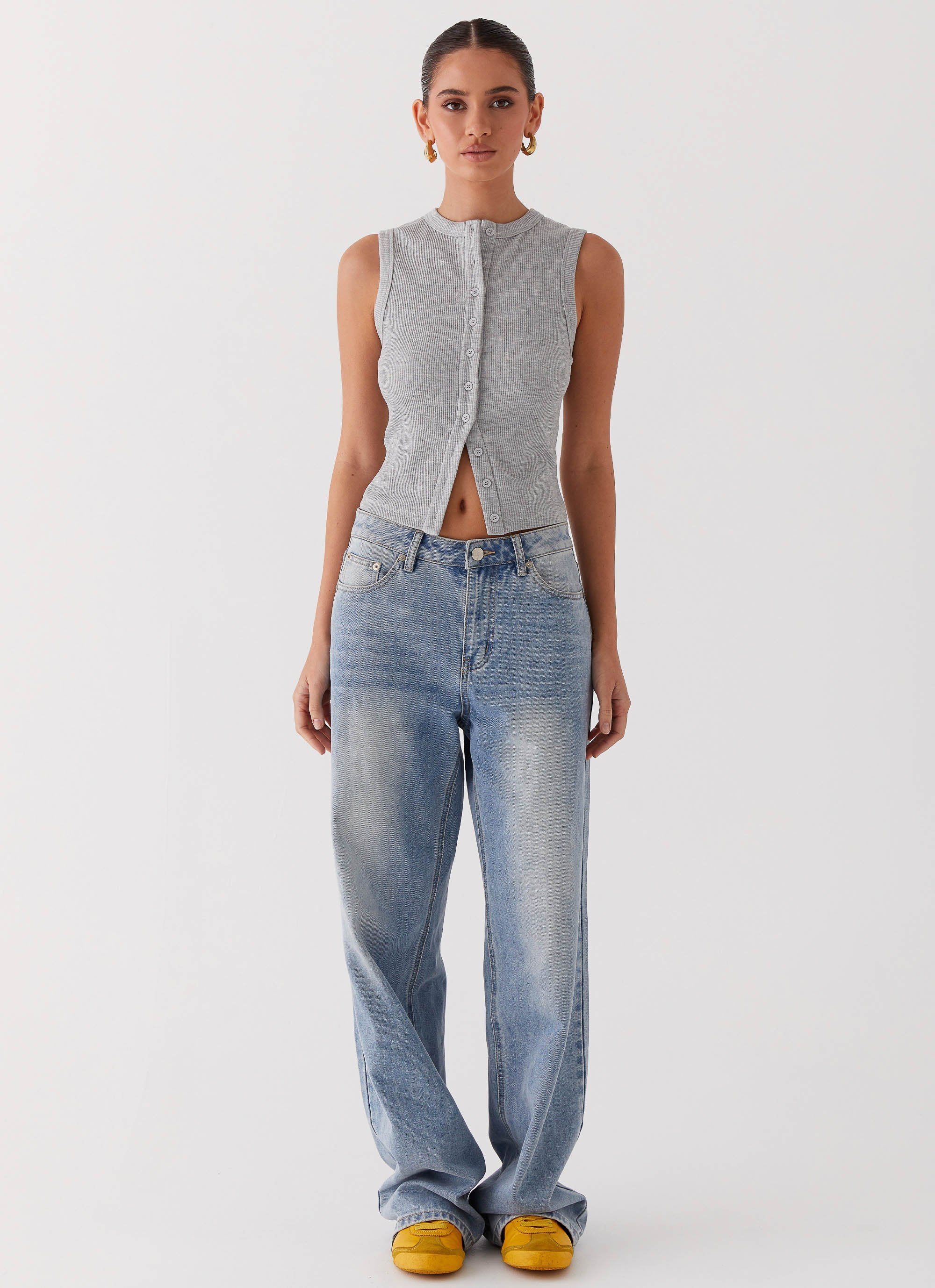 Blair Buttoned Tank Top - Grey Marle-Sunny Prom. All rights reserved.