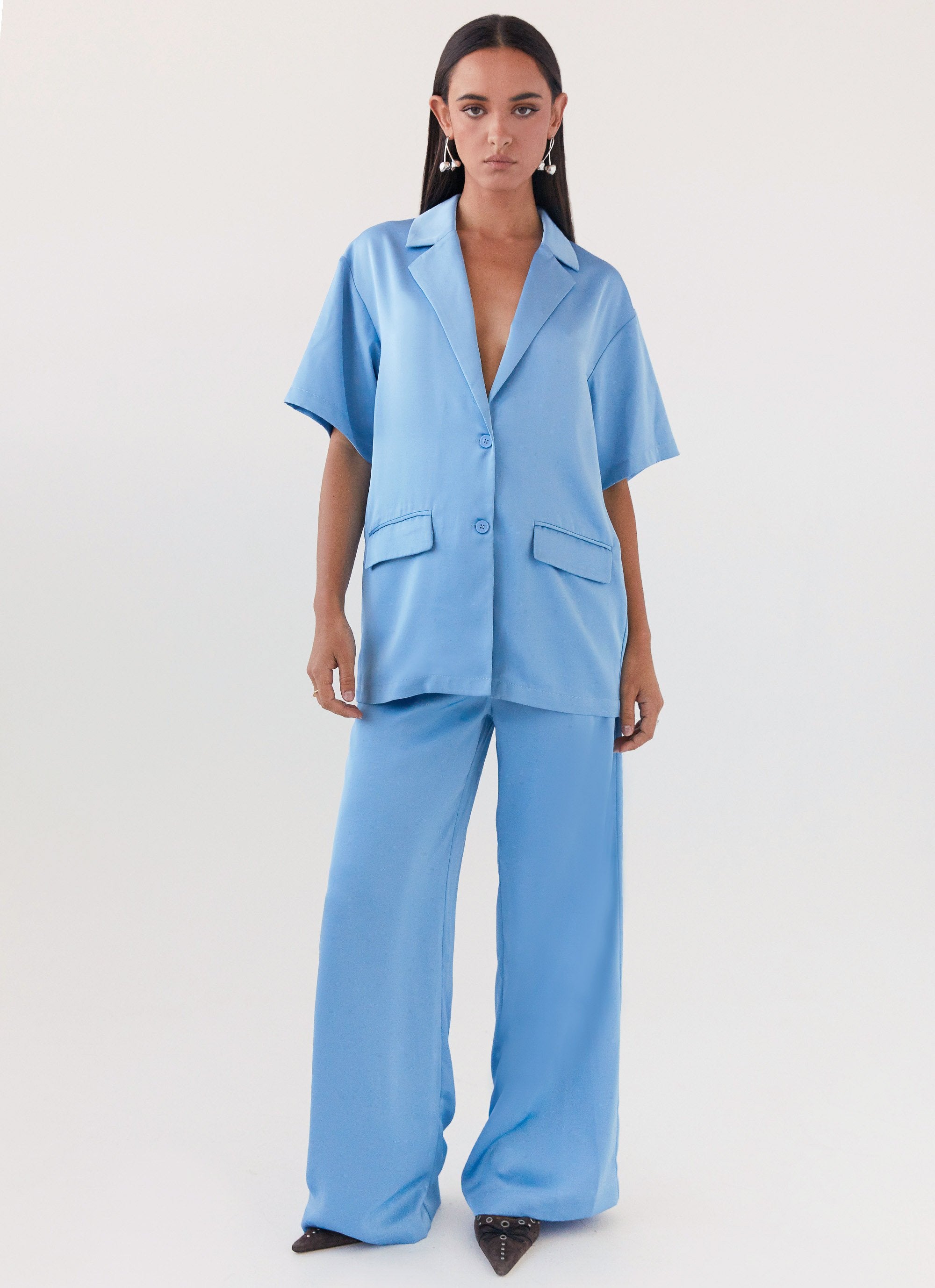 Brinkley Oversized Satin Shirt - Sky Blue-Sunny Prom. All rights reserved.