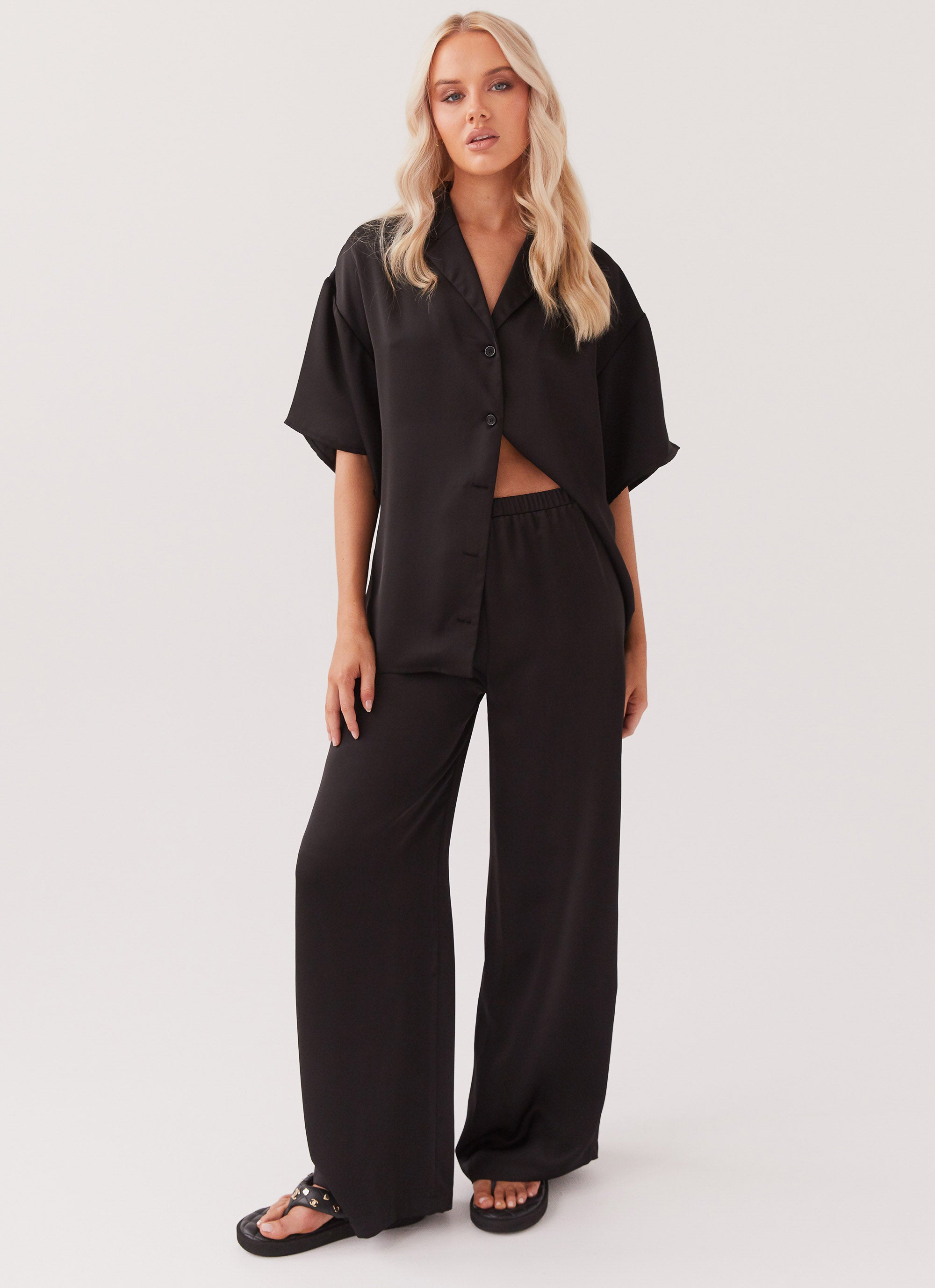 Palm Cove Satin Pants - Black-Sunny Prom. All rights reserved.