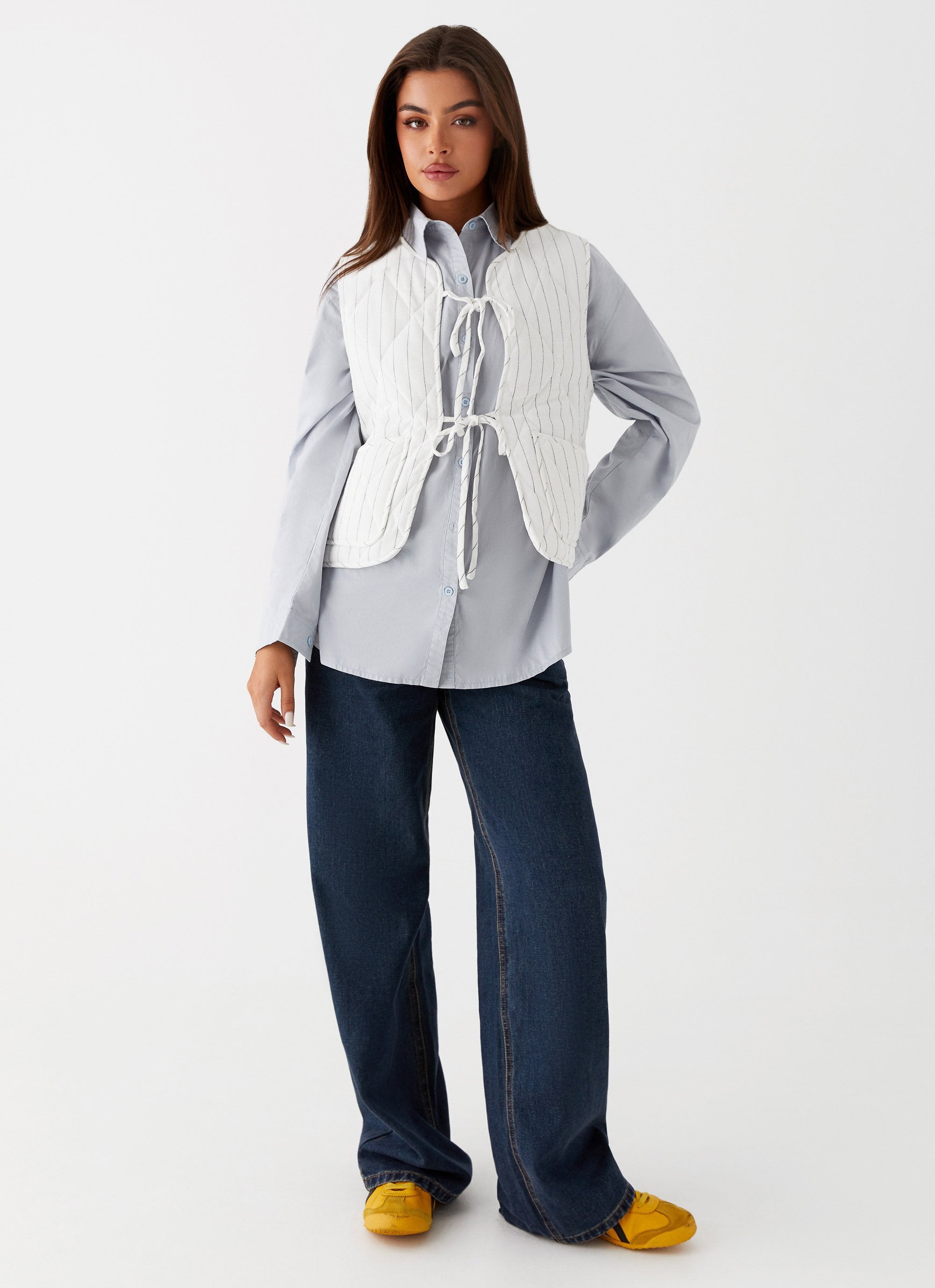 Celini Quilted Vest - White Pinstripe-Sunny Prom. All rights reserved.