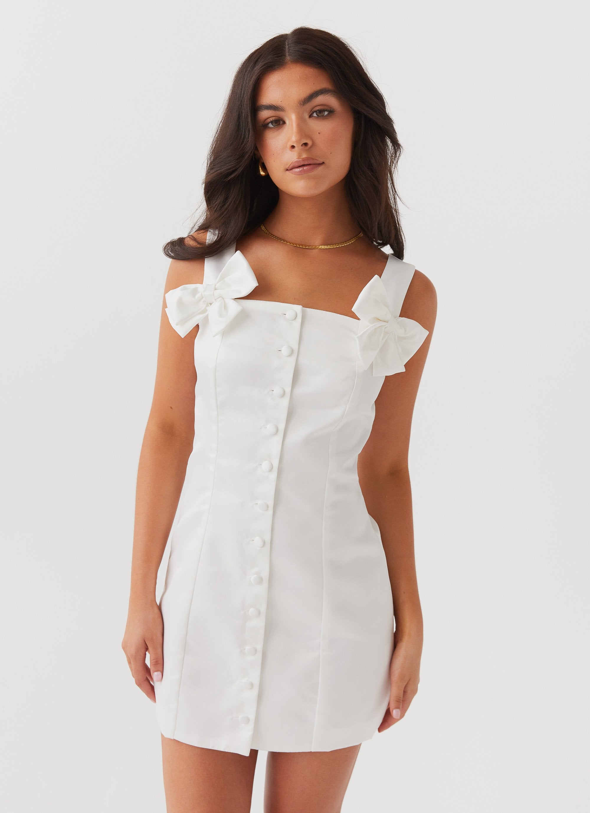 Brielle Bow Satin Mini Dress - White-Sunny Prom. All rights reserved.