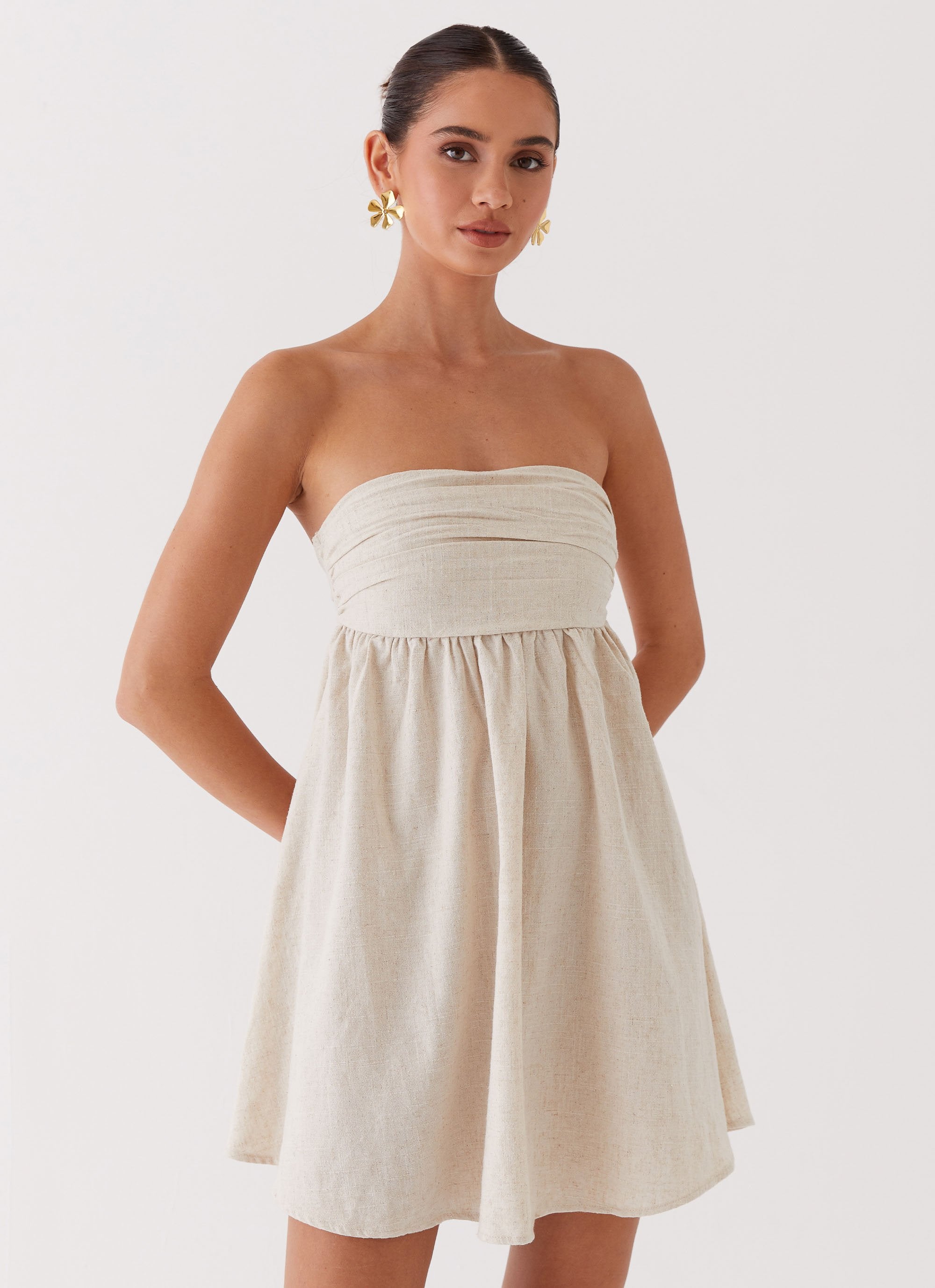 Night Changes Linen Mini Dress - Oatmeal-Sunny Prom. All rights reserved.