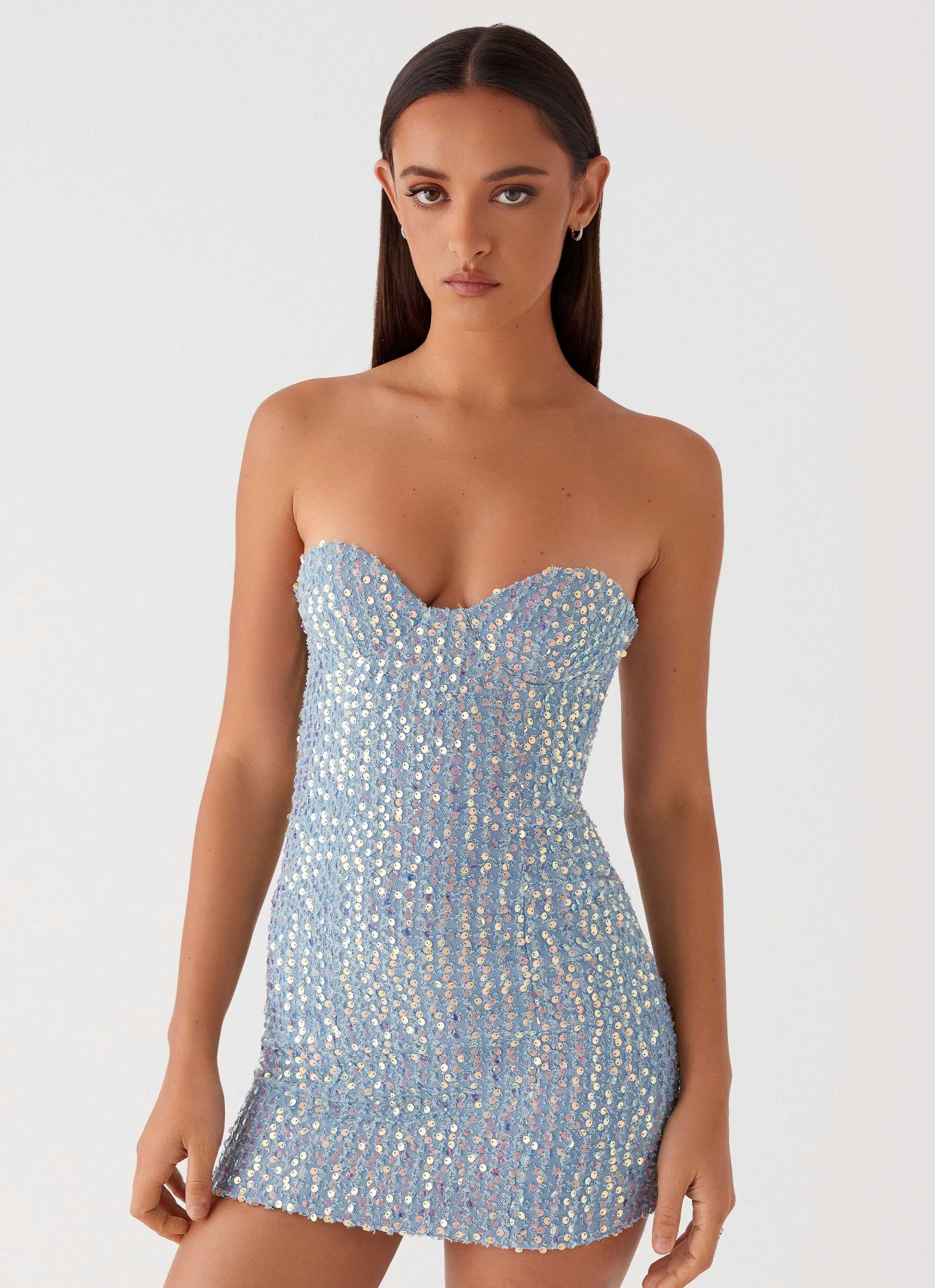 Disturbia Sequin Mini Dress - Sequin Denim-Sunny Prom. All rights reserved.