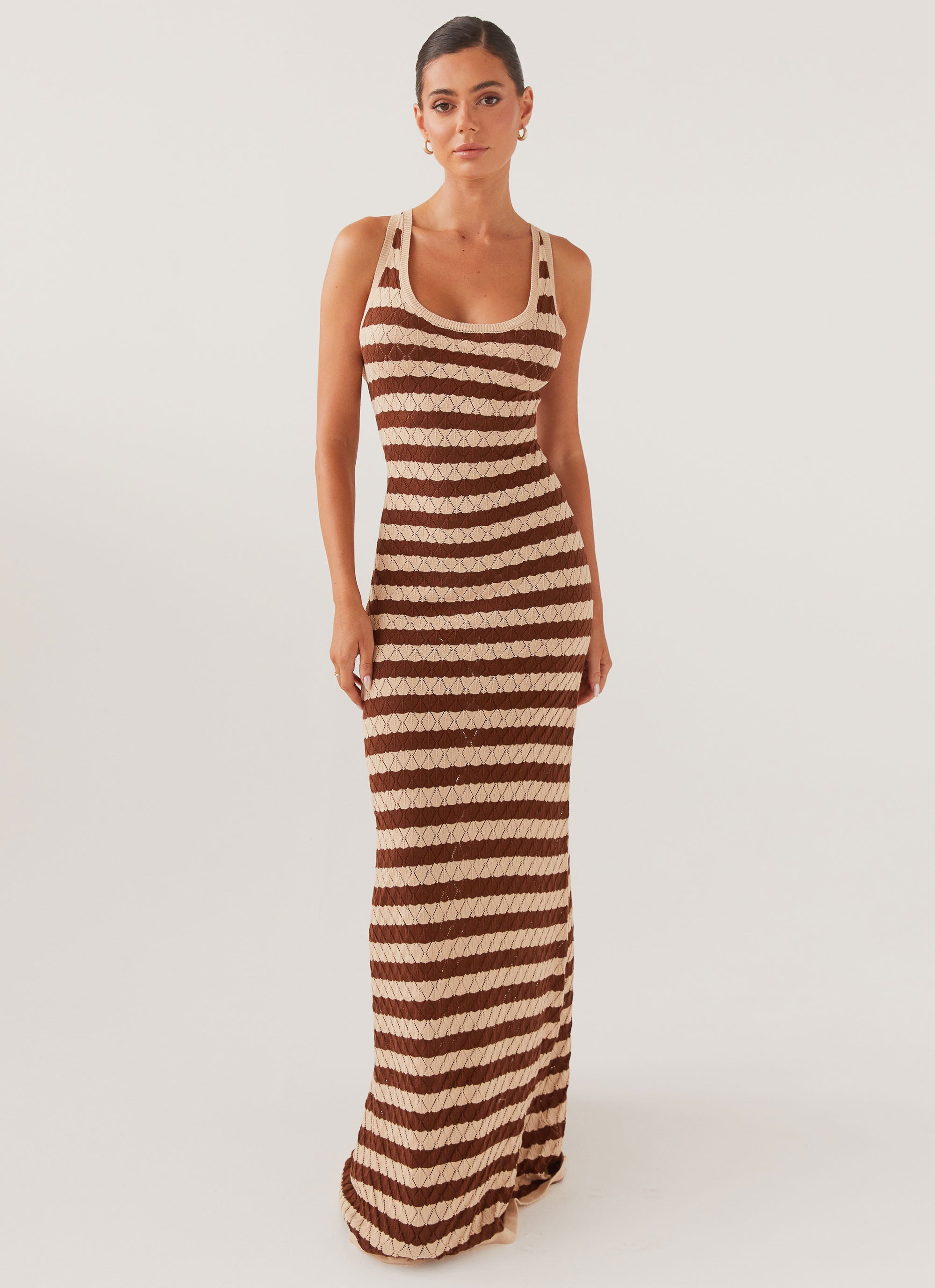 Off The Record Knit Maxi Dress - Cinnamon Stripe-Sunny Prom. All rights reserved.