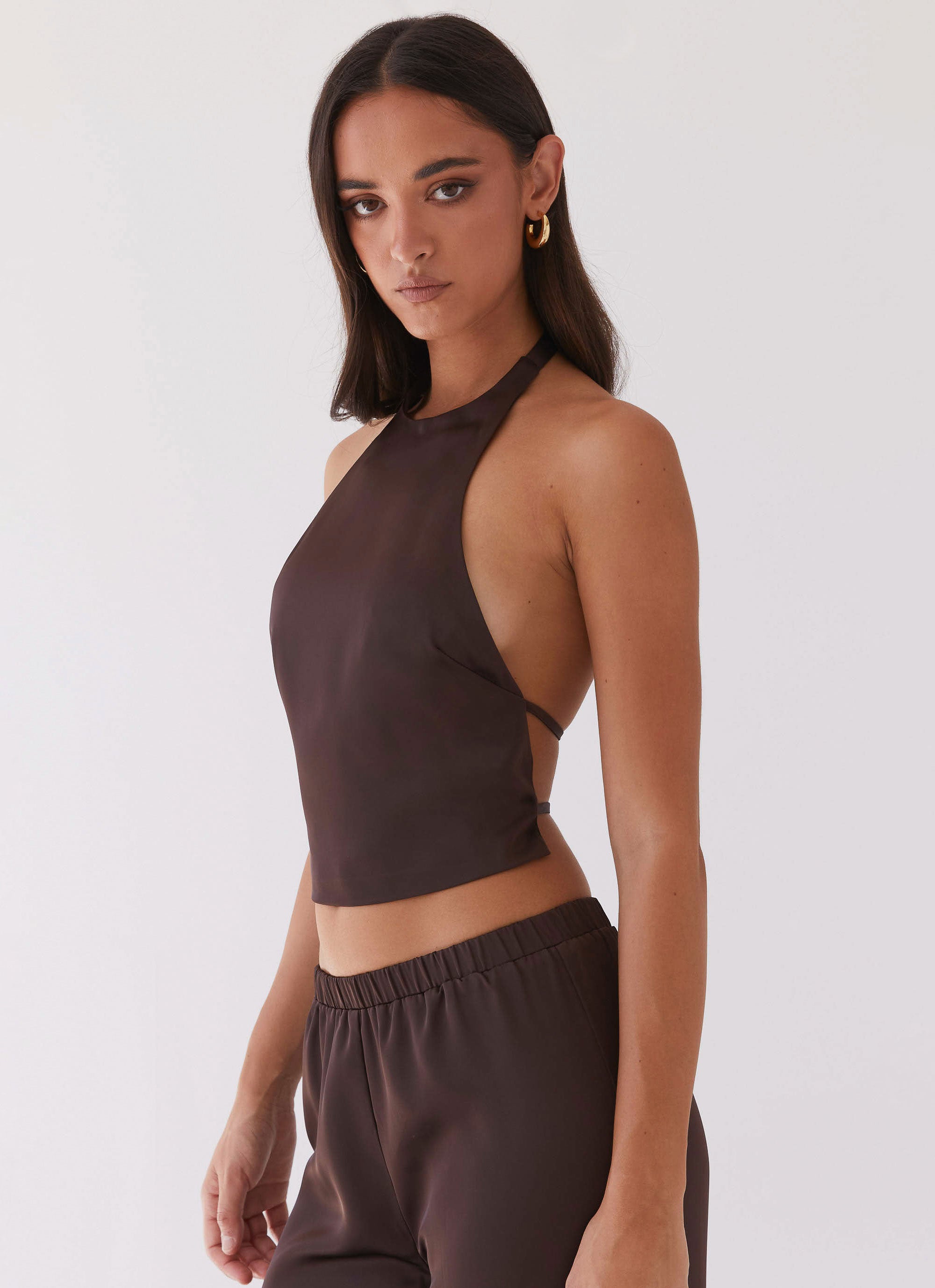 Bree Satin Halterneck Top - Brown-Sunny Prom. All rights reserved.
