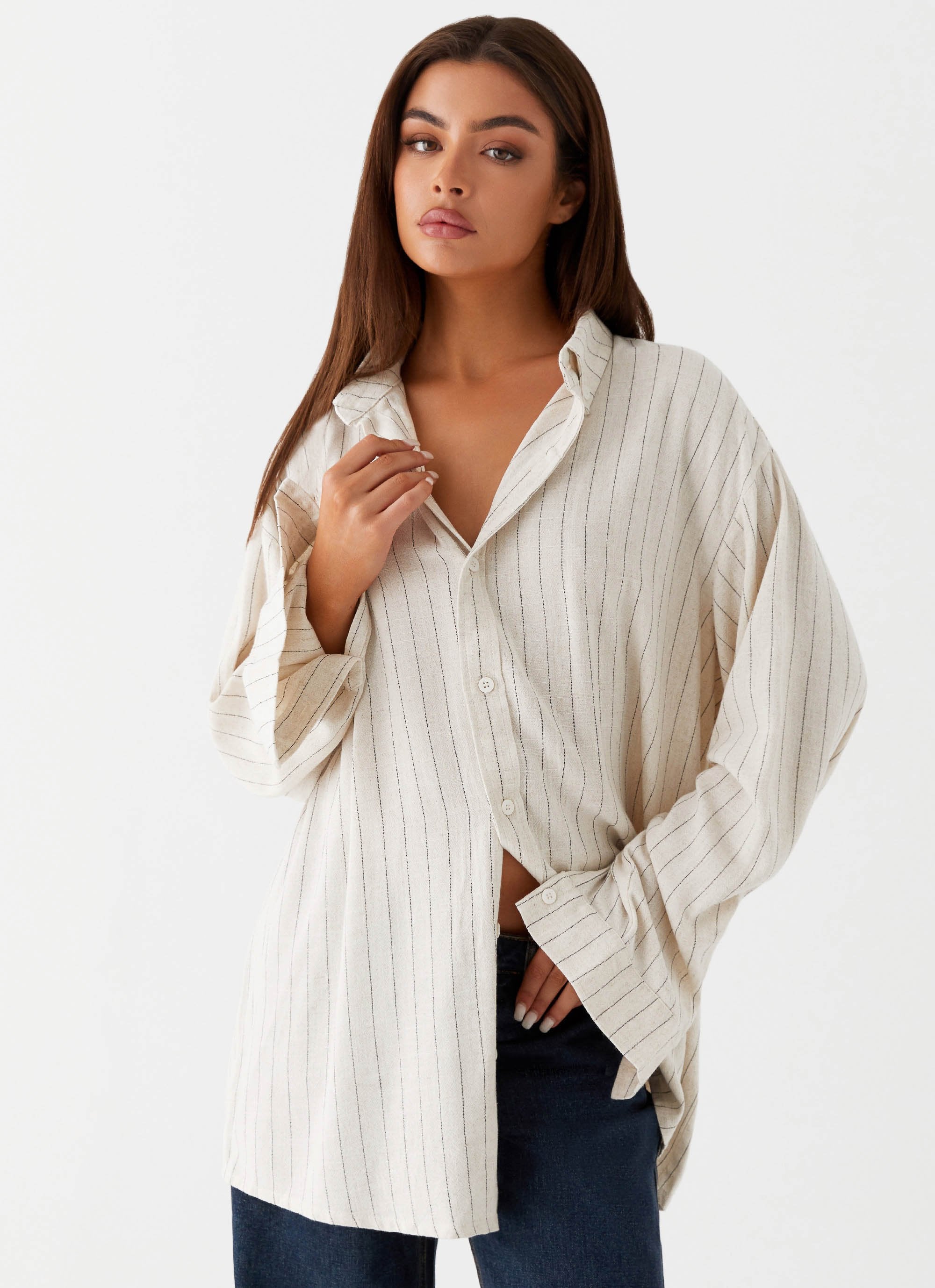 Lockie Oversized Linen Shirt - Oat Pinstripe-Sunny Prom. All rights reserved.