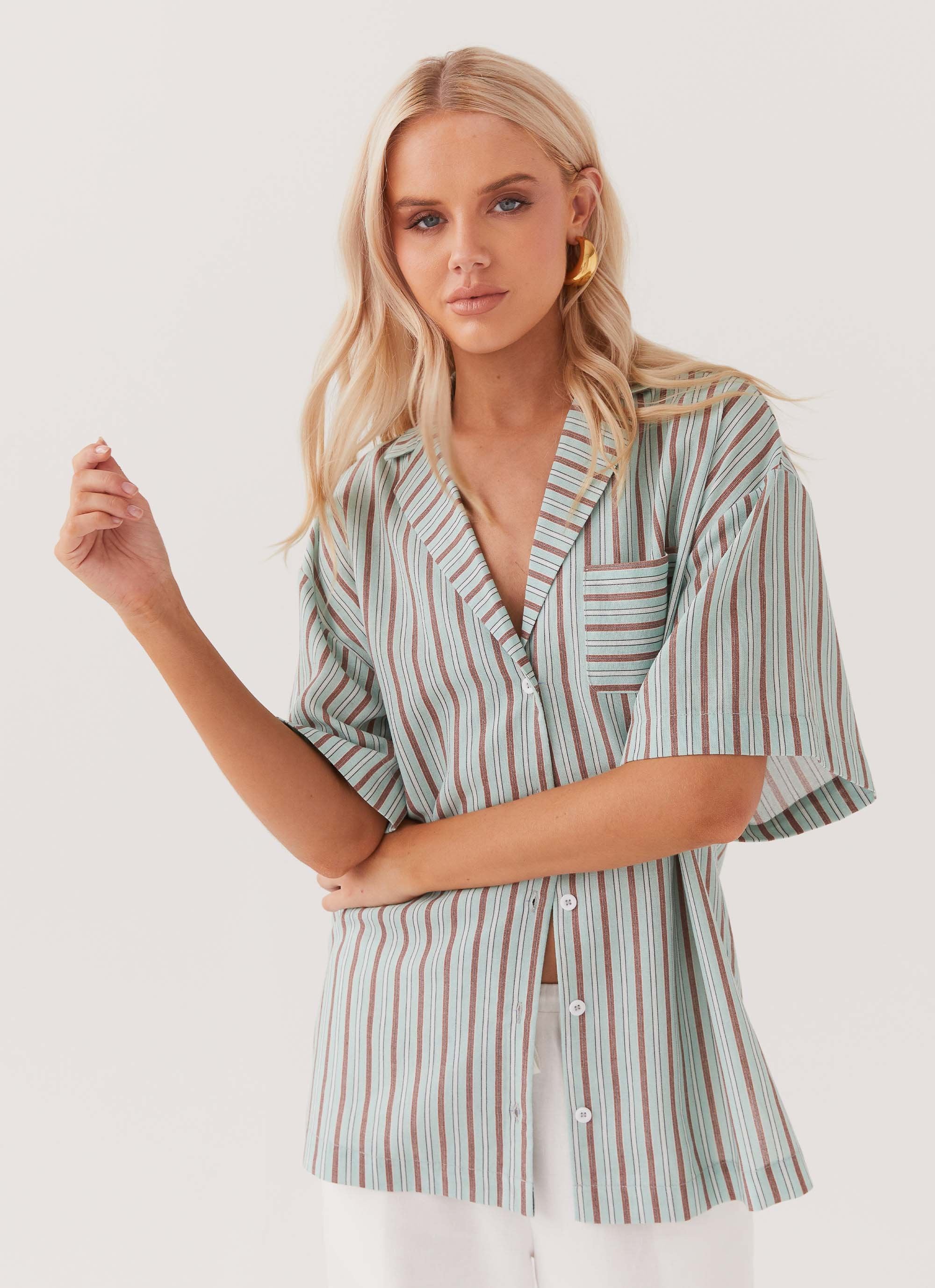 Darcie Oversized Linen Shirt - Coastal Stripe-Sunny Prom. All rights reserved.