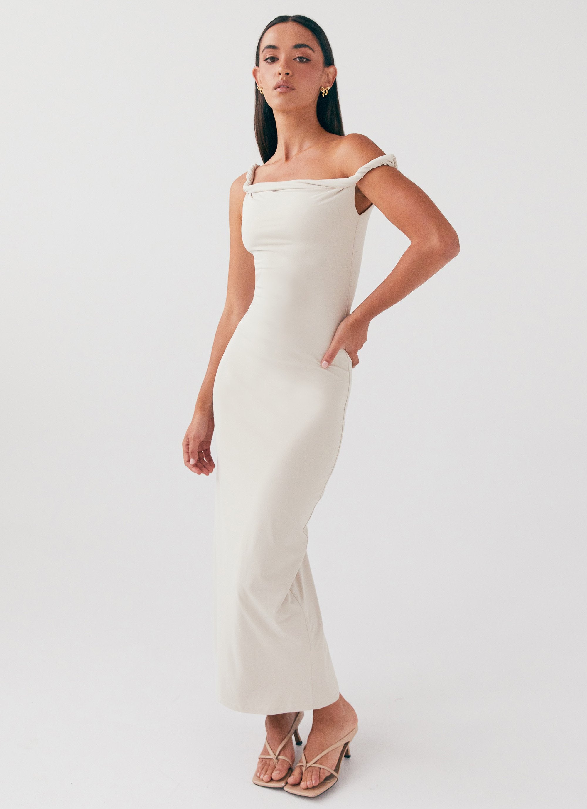 Arabella Twist Shoulder Maxi Dress - Beige-Sunny Prom. All rights reserved.