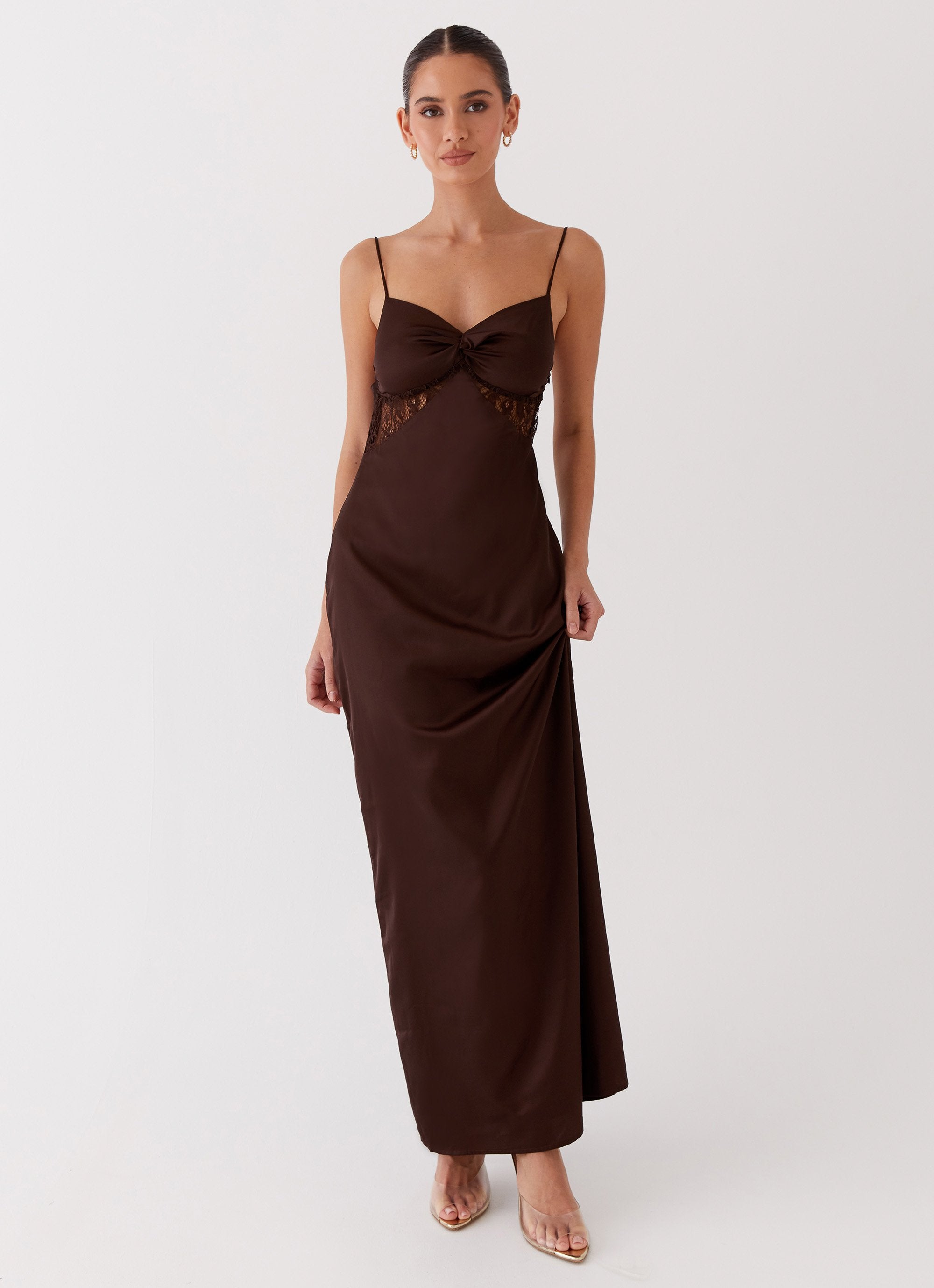 Dream Sight Lace Satin Maxi Dress - Chocolate-Sunny Prom. All rights reserved.