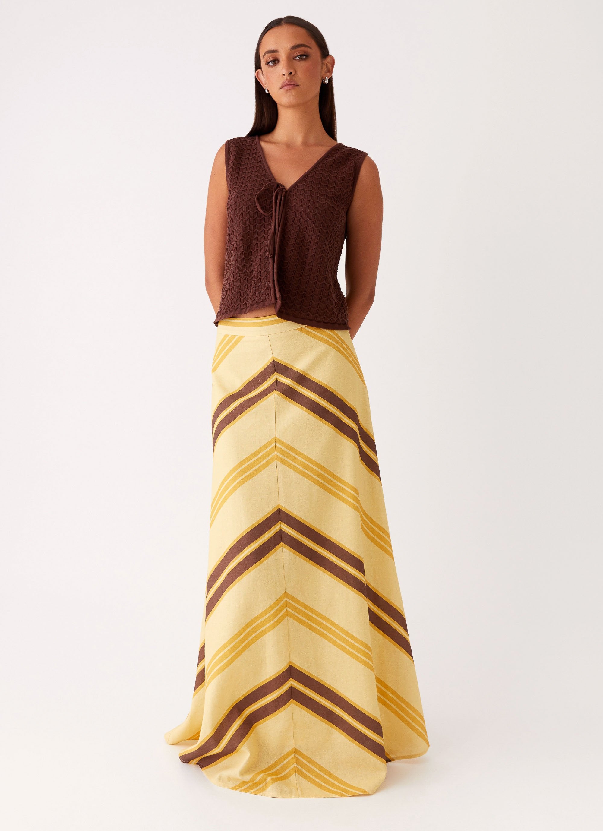 About Me Maxi Skirt - Yellow Brown Stripe-Sunny Prom. All rights reserved.