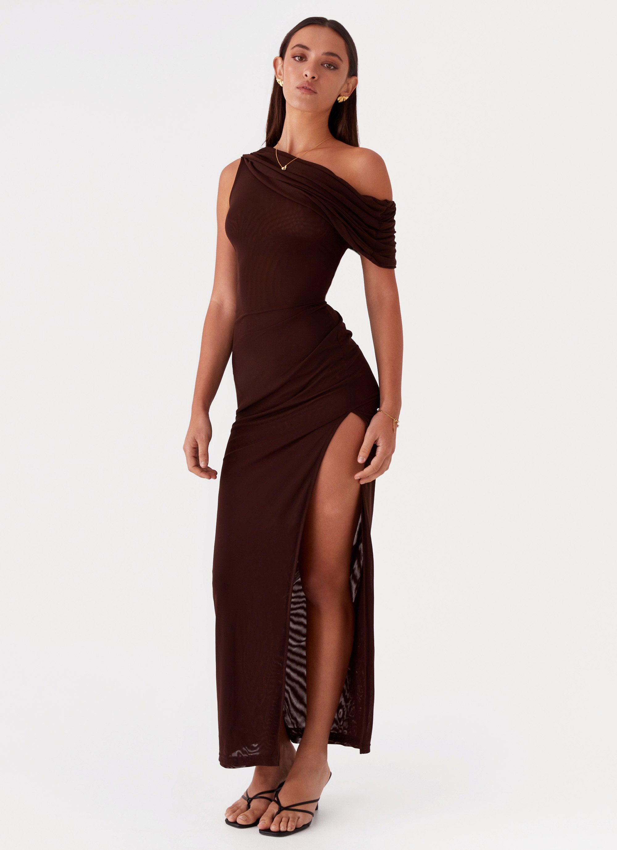 Ciara One Shoulder Draped Maxi Dress - Chocolate-Sunny Prom. All rights reserved.