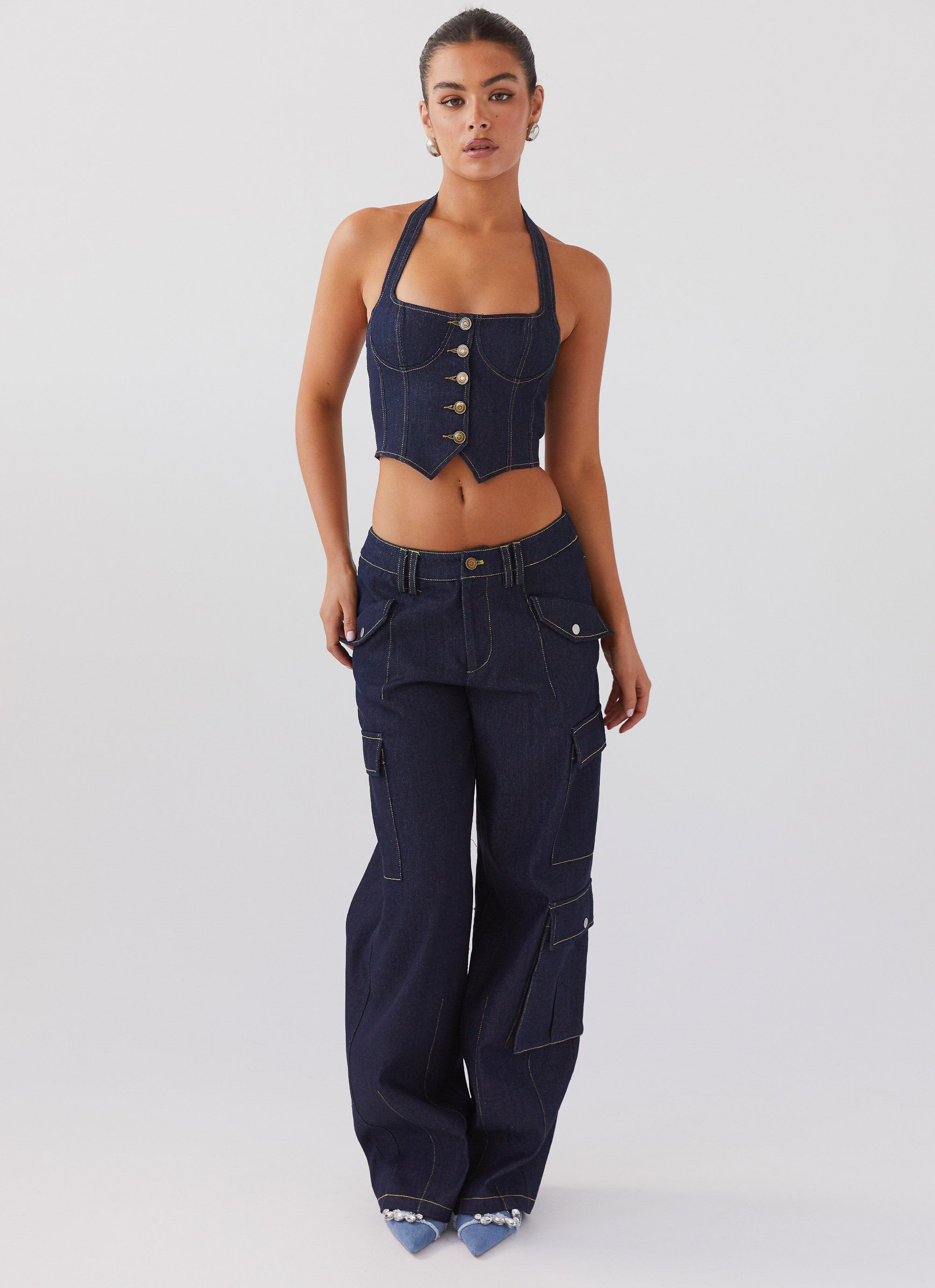 Avari Halterneck Denim Vest - Indigo-Sunny Prom. All rights reserved.