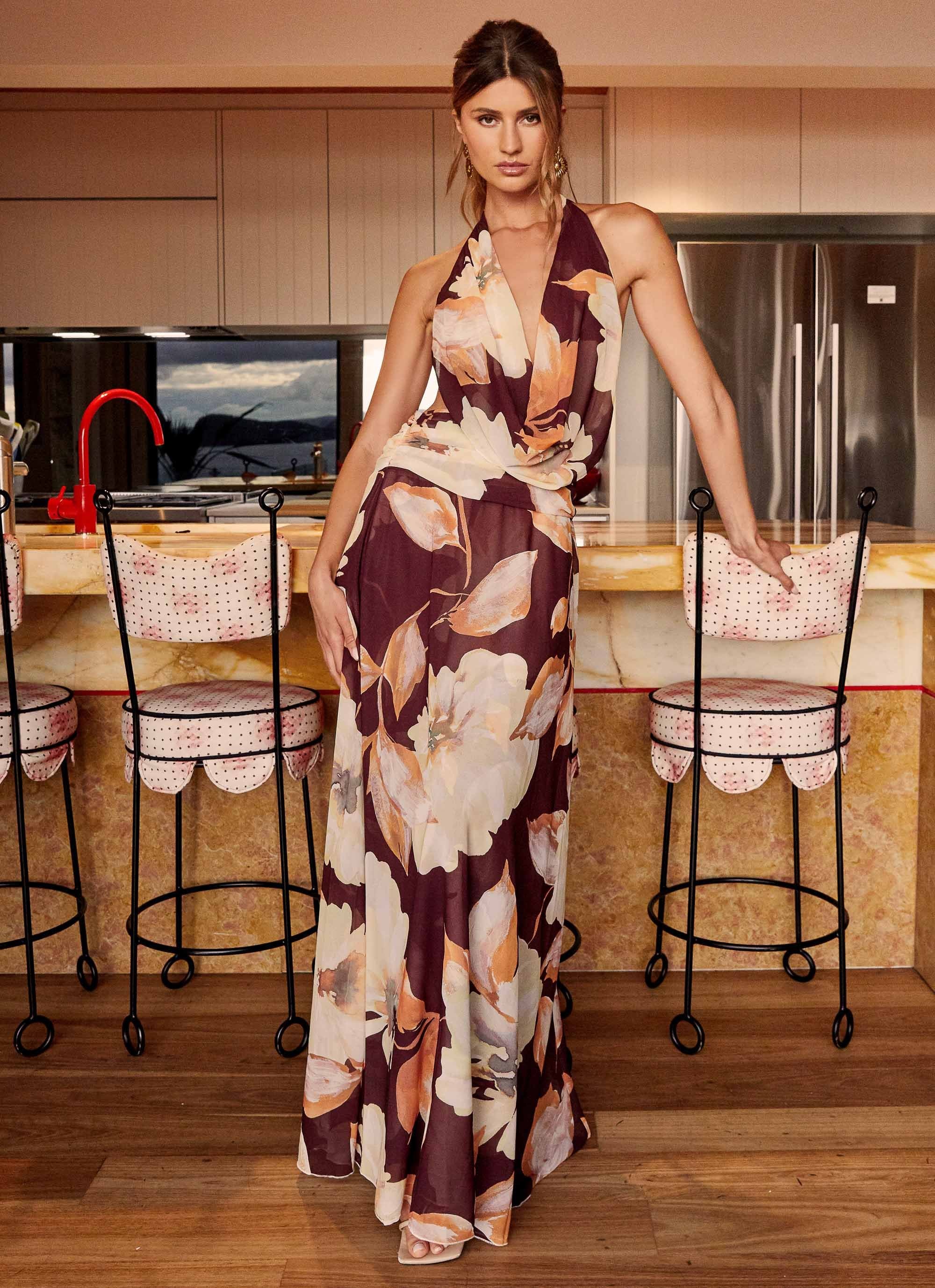 Elysia Chiffon Maxi Dress - Brown Floral-Sunny Prom. All rights reserved.